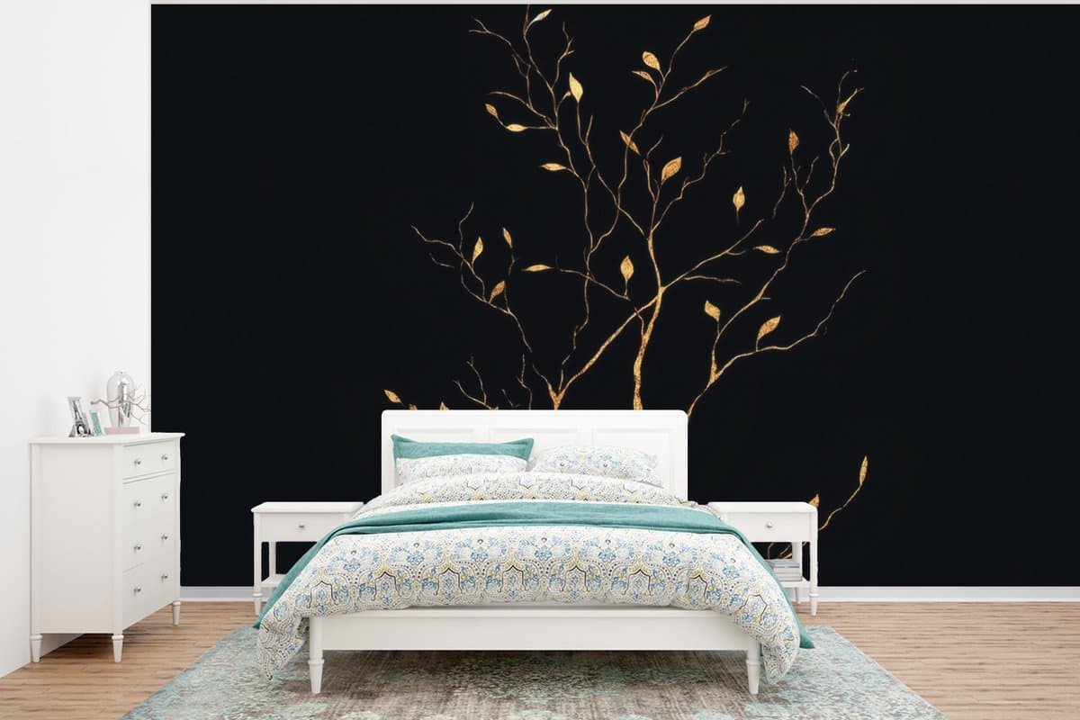 Behang - Fotobehang Takken - Blaadjes - Zwart - Breedte 400 cm x hoogte 300 cm