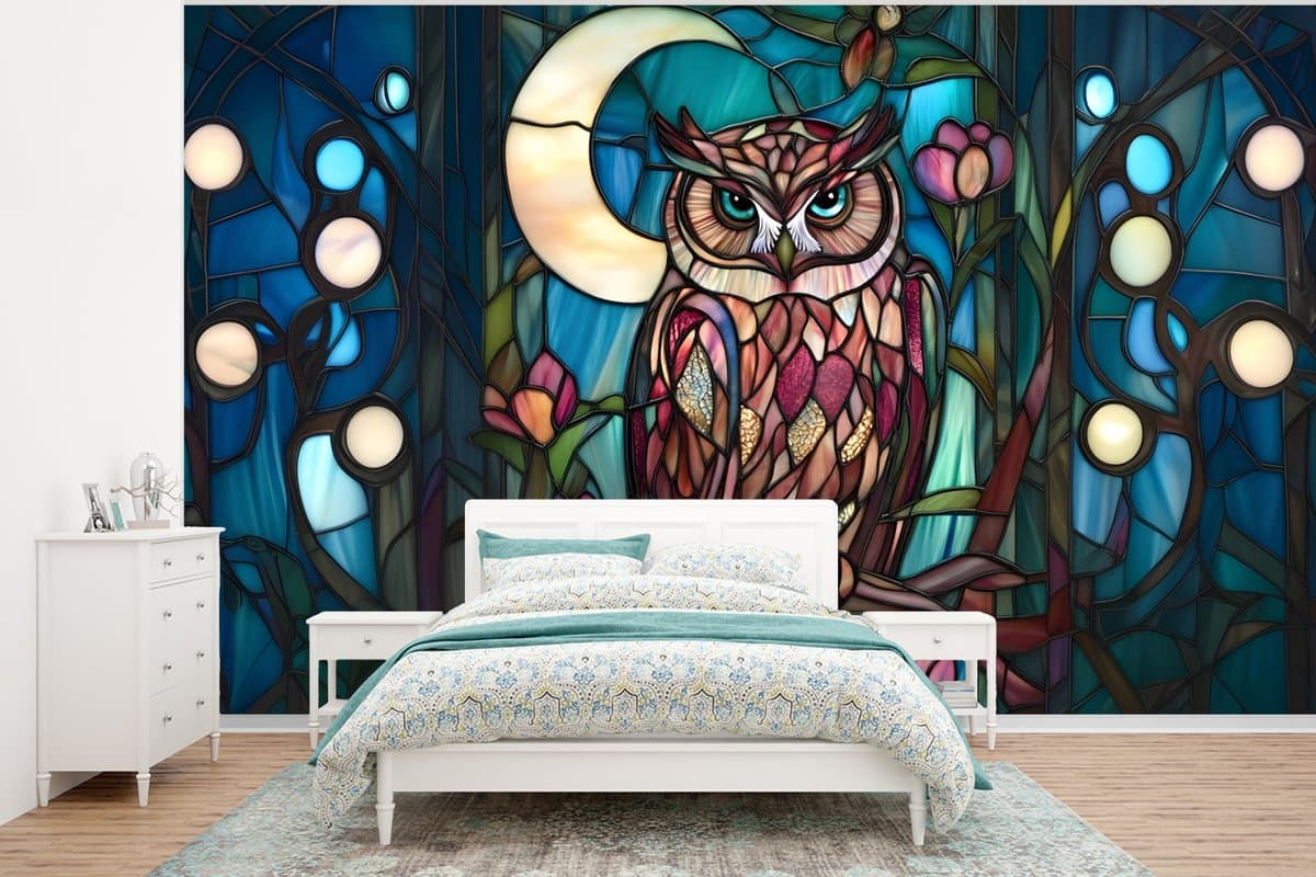 Behang - Fotobehang Uil - Mozaïek - Maan - Nacht - Breedte 350 cm x hoogte 260 cm