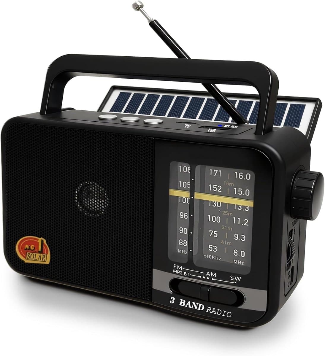 Bluetooth Radio met Zonnepaneel en 1200 mAh Accu – AM/FM/SW Ontvanger – 8W Speaker – TWS – USB/TF – Draagbare Koffer Radio – Keukenradio – Campingradio – Noodradio voor Buiten & Noodsituaties – Zwart