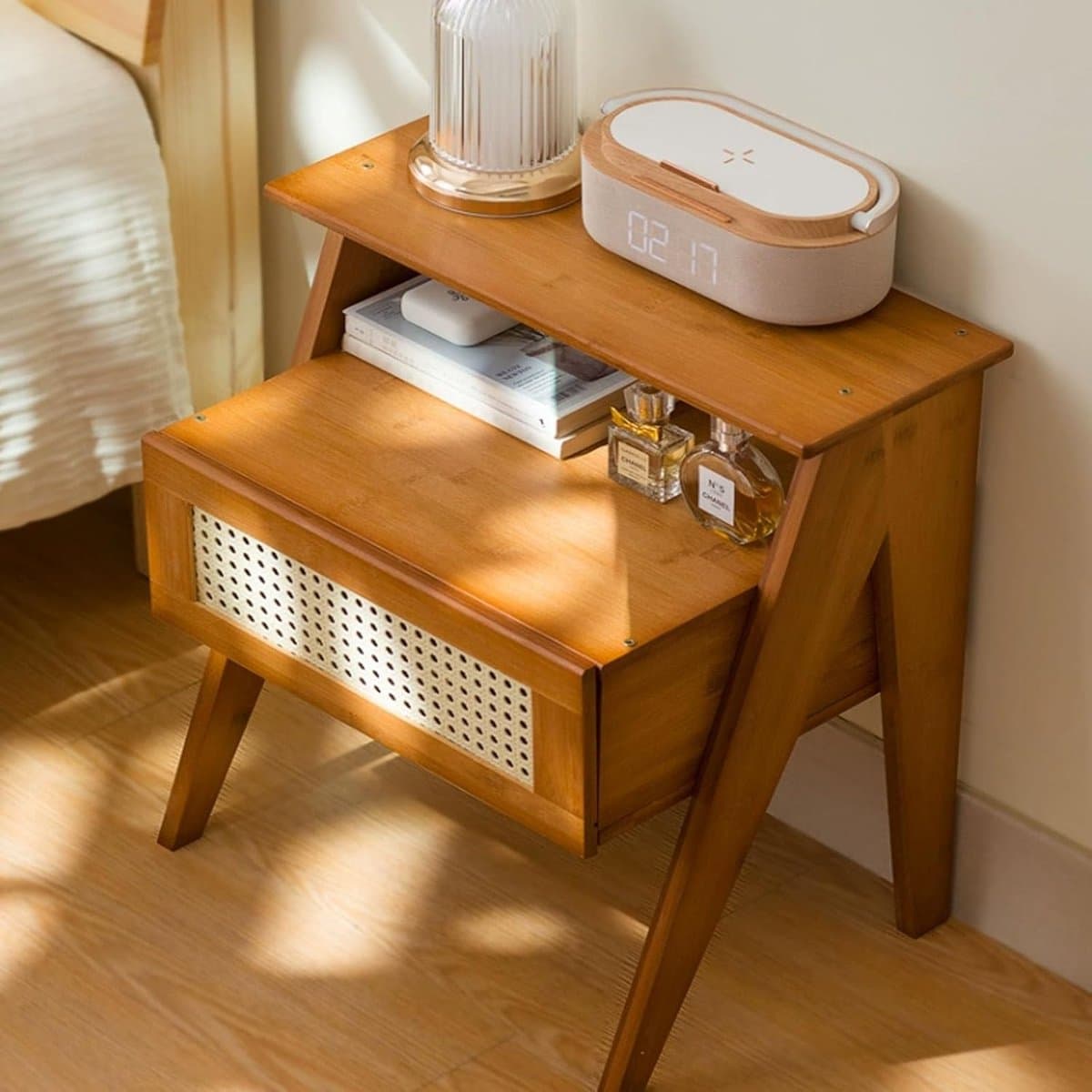 Nachtkastje - Hout Lades 43x31x50cm - Brown- Retro Style- Solid Wood Nightstand With Drawer