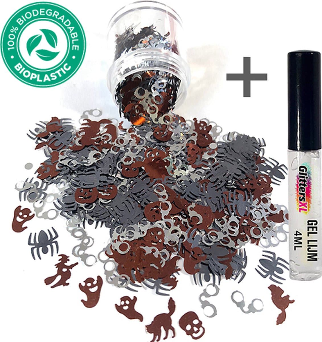 Halloween Decoratie Chunky Glitters (Figuurtjes Zilver/Bruin) (Volume 8g) + Glitter Huid Lijm [outfit versiering kostuum kinderen volwassenen - schotwond hechting scar heks bloed zombie wond mes spin clown - Biologisch Afbreekbaar Eco]
