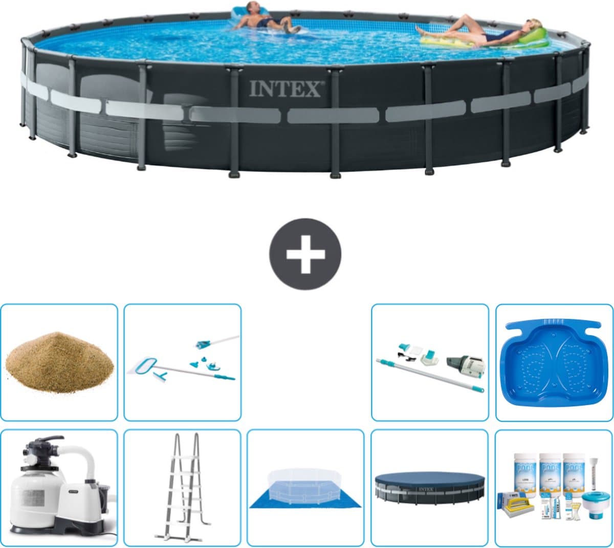 Intex Rond Ultra XTR Frame Zwembad - 732 x 132 cm - Inclusief Pomp - Ladder - Grondzeil - Afdekzeil Onderhoudspakket - Filterzand - Schoonmaakset - Stofzuiger - Voetenbad