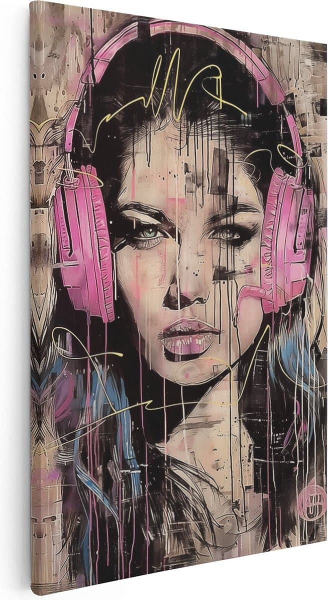 Artaza Canvas Schilderij Meisje met Roze Koptelefoon - 20x30 cm - Klein - Wanddecoratie Woonkamer - Schilderijen - Muurdecoratie