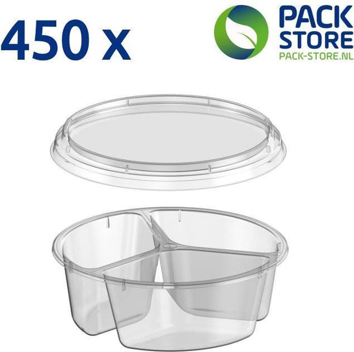450 x ronde plastic bakjes met deksel - 3-vaks verdeling 95ml - Ø122mm - tapas bakje - kruidenboter bakje - vershoudbakjes - meal prep bakjes – transparant - geschikt voor vaatwasser, diepvries en magnetron - Nederlandse producent