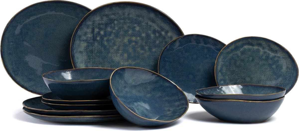 Cosy & Trendy Serviesset 12-delig Aicha Blue - 4 Personen, 4 Dinerborden, 4 Ontbijtborden en 4 Diepe Borden - Denim Look