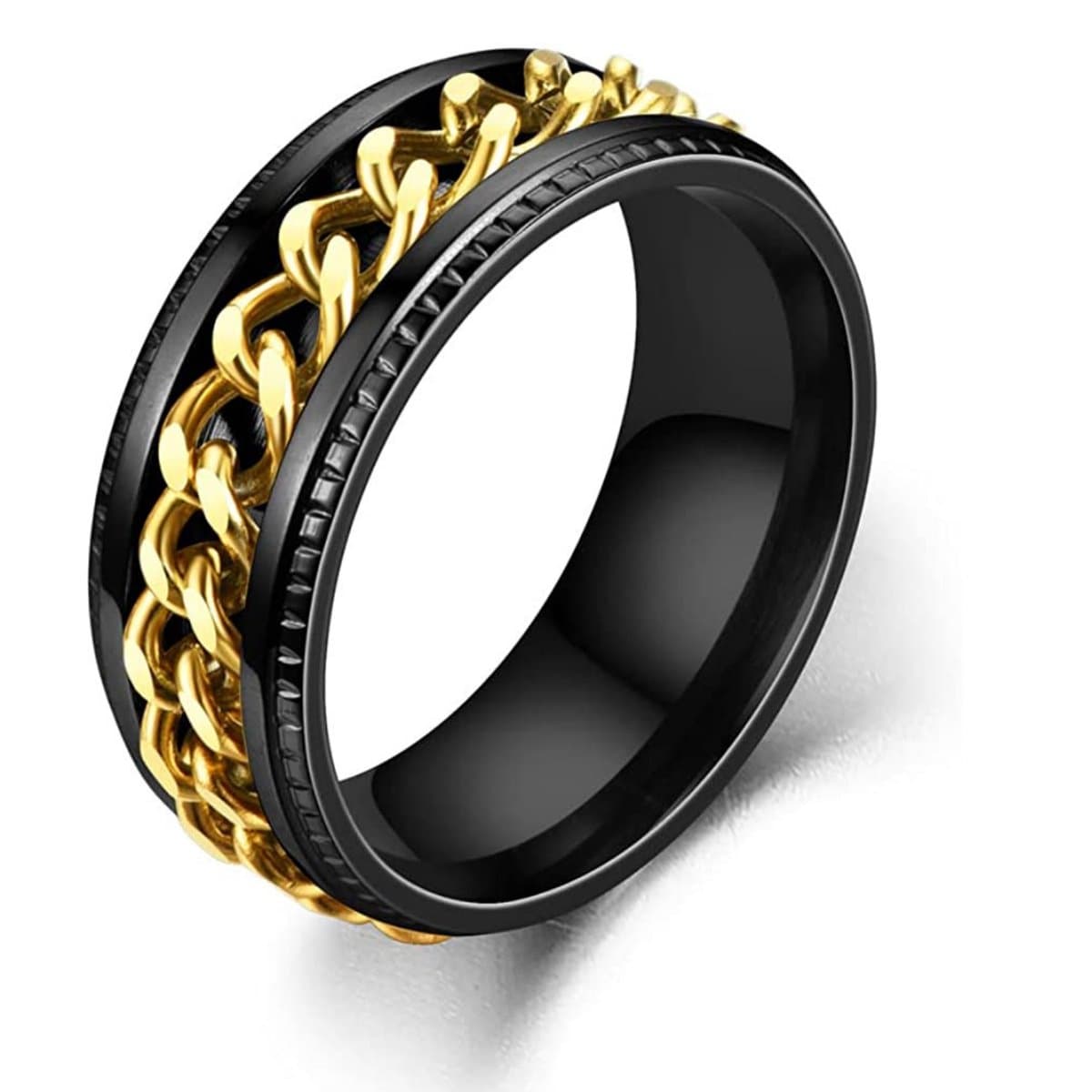 Anxiety Ring - (Ketting) - Stress Ring - Fidget Ring - Anxiety Ring For Finger - Draaibare Ring - Spinning Ring - Zwart-Goud kleurig RVS - (20.75mm / maat 65)