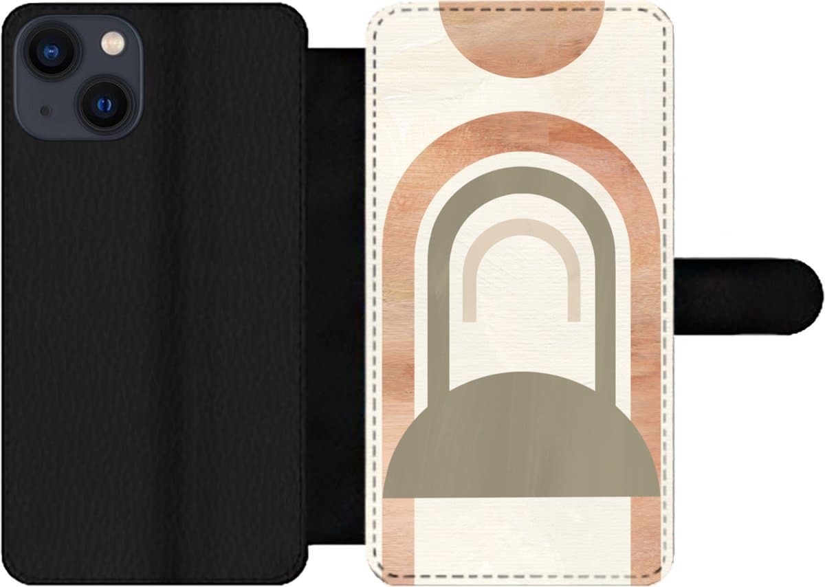 Telefoonhoesje Geschikt voor iPhone 13 telefoonhoesje - Roze - Groen - Abstract - Met vakjes - Wallet case met magneetsluiting