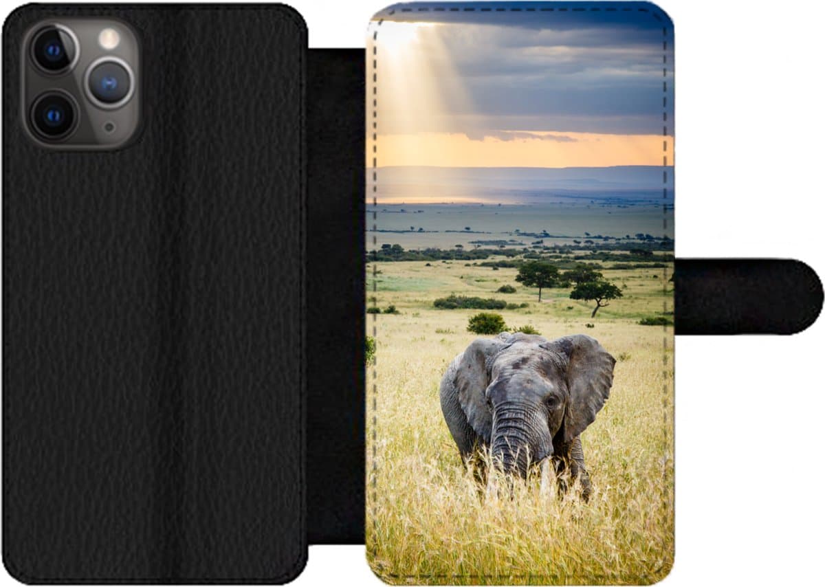 Telefoonhoesje Geschikt voor iPhone 11 Pro telefoonhoesje - Olifant - Dieren - Landschap - Zon - Natuur - Met vakjes - Wallet case met magneetsluiting