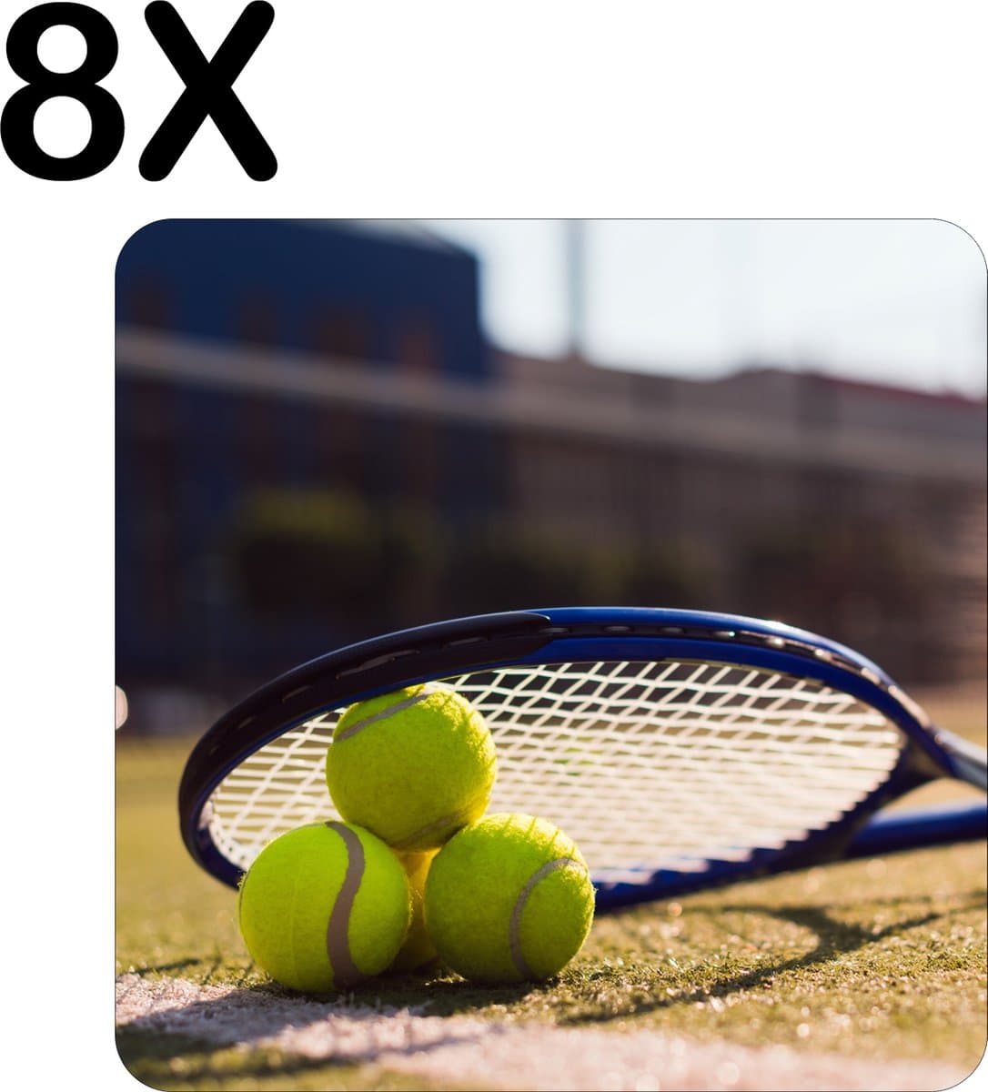 BWK Stevige Placemat - Tennisballen Onder Tennis Racket - Set van 8 Placemats - 50x50 cm - 1 mm dik Polystyreen - Afneembaar
