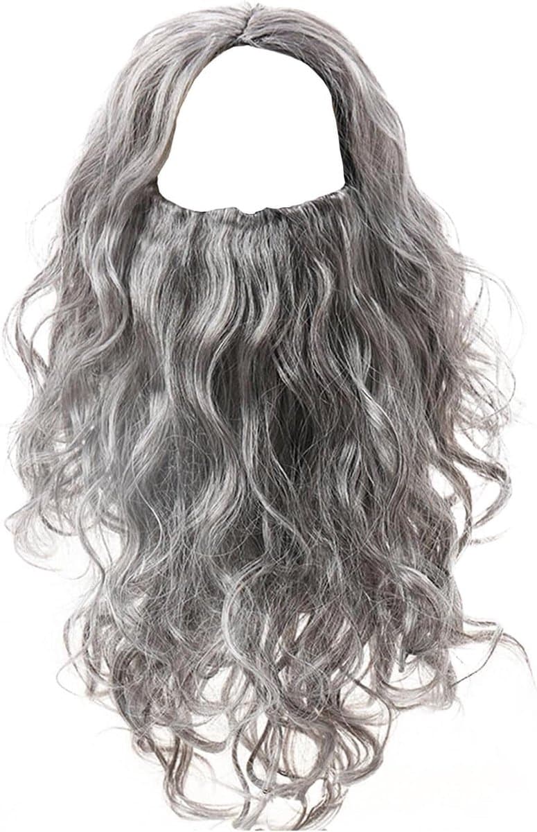 Pruik en baardset, herenpruik, cosplay pruik voor heren en dames, grijs, Halloween, lange krullende pruik, magische pruiken, voor carnaval, kostuumfeest (grijs)