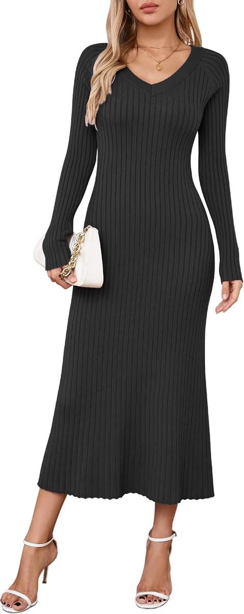 2025 Lente Dames V-hals Lange Mouw Fishtail Trui Jurk Geribbelde Gebreide Slim Fit Bodycon Midi Jurk