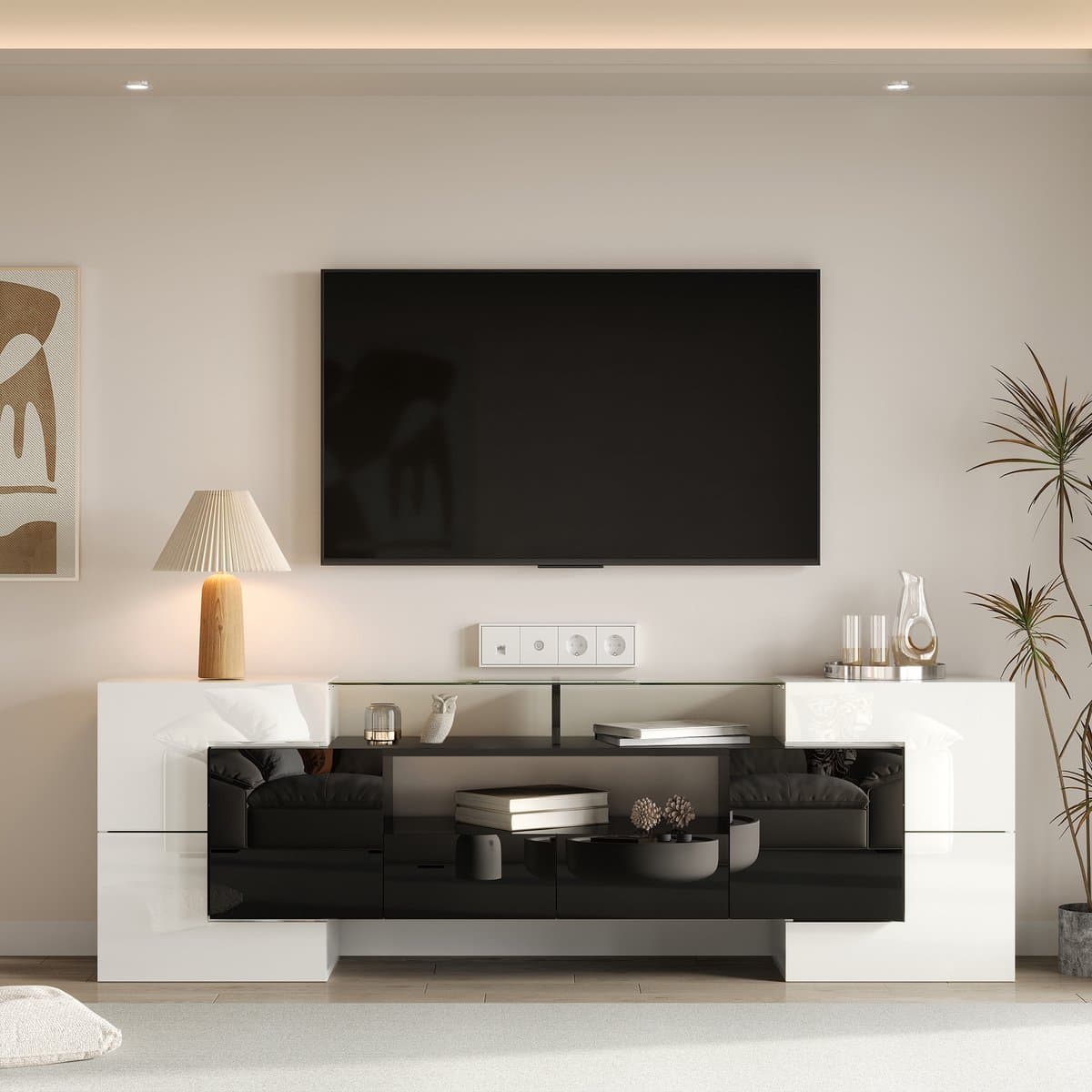 Hoogglans tv meubel met LED-verlichting en glas - Voor woonkamer - 200 cm breed - Wit en zwart - 6 deuren en 2 lades - App-bestuurbare sfeerverlichting - Geschikt voor 80 inch tv