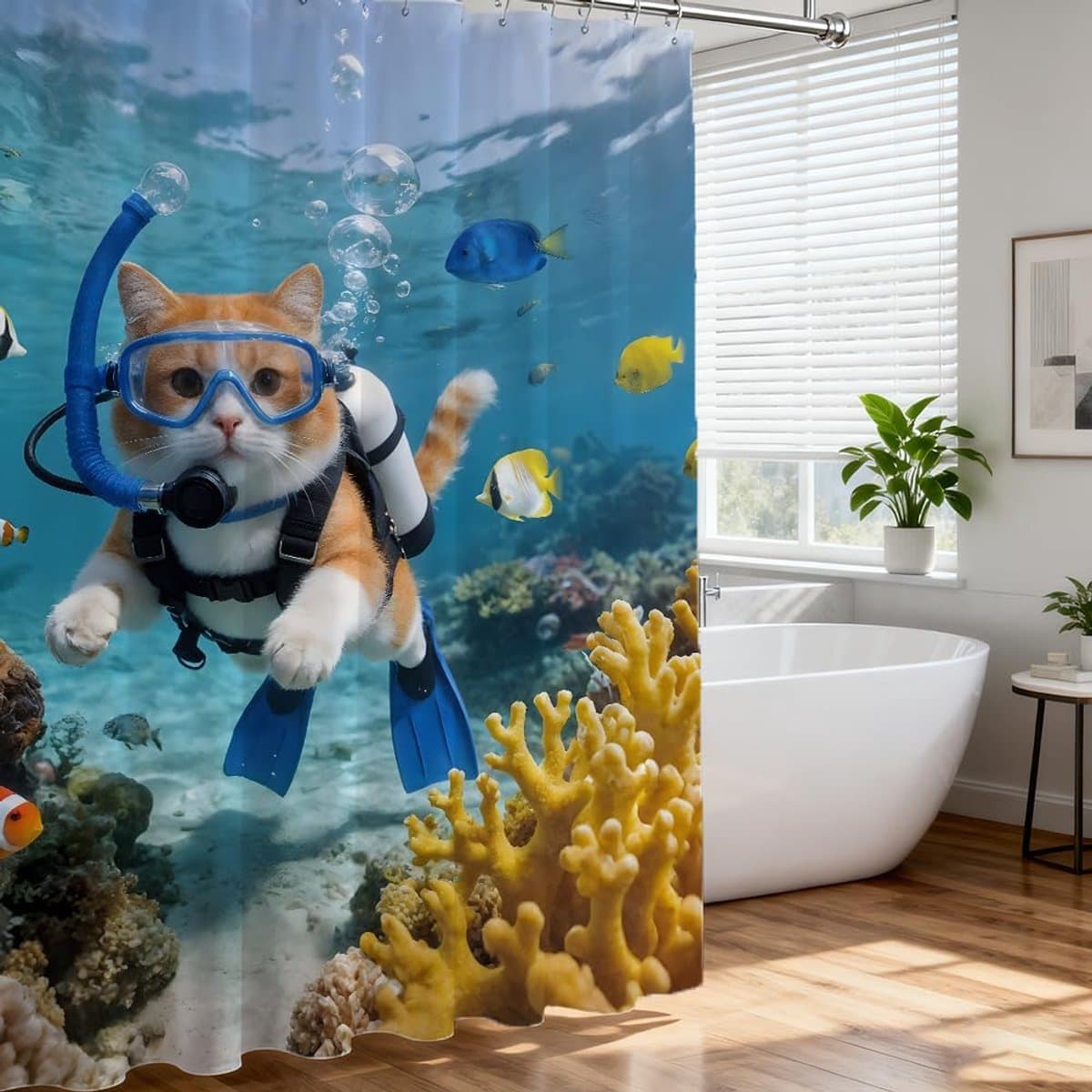 Duiken Kat Douchegordijn Set Leuke Zeeplanten Dier Badkamer Gordijn voor Thuis Bad Hotels Decor Waterdichte Badkamer Liner met 12 Ovale Duurzame Haken 183x183cm