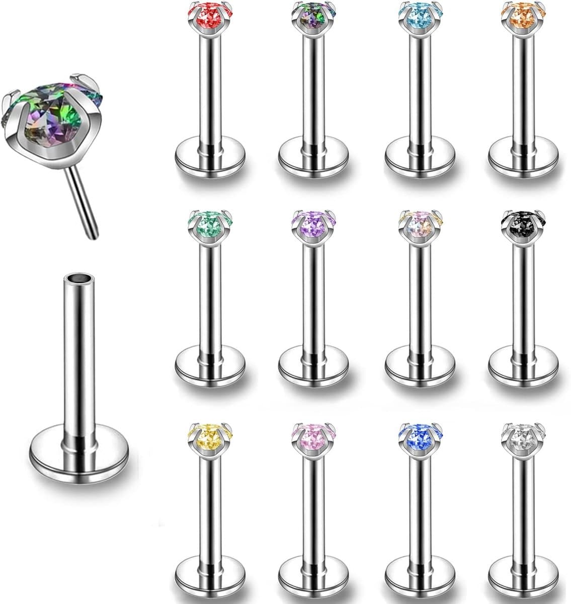 16G Rvs Pushin Lip Rings, Kleurrijke CZ Forward Helix Oorbel, Lengte 6/8/10mm Labret Monroe Medusa Piercing Sieraden voor Vrouwen Mannen, Roestvrij staal Kristal, Kubieke zirkonia