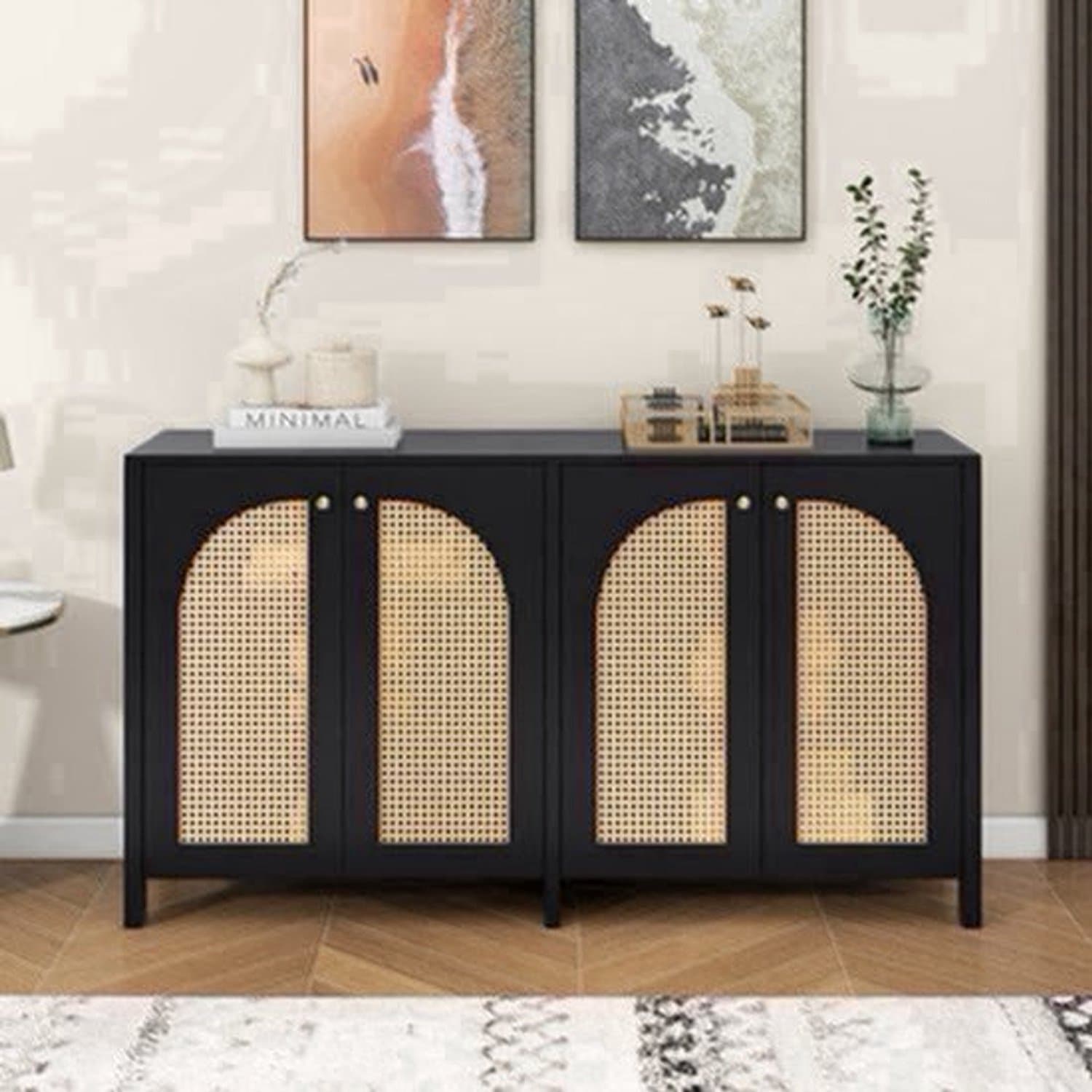 Dressoir – Buffettafel – Opbergkast – Ladekast – Wandkast – Modern Minimalistisch – 4 Rotan Deuren – Metaal Handgrepen