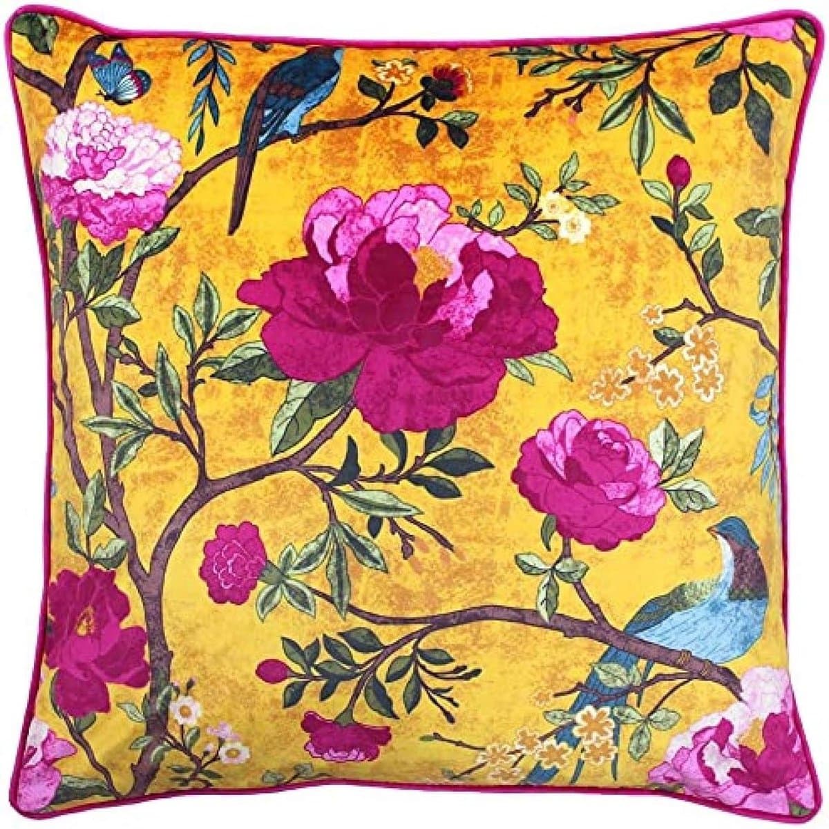 Paoletti Chinoiserie Kussenhoes - Goud Geel - Chinoiserie Bloem Vogelprint - Gepaneerde Randen - Machine Wasbaar - 100% Polyester - 50 X 50cm (20" X 20" Inches) - Ontworpen in het Verenigd