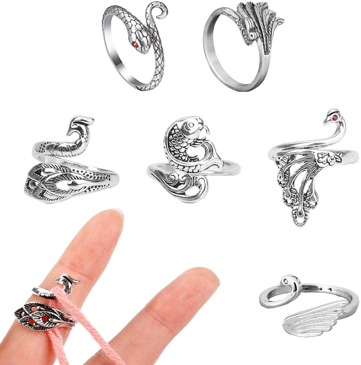 Dailygoods- Haak Ring - 6 Delige Set - Verstelbare Gebreide Ring - Vingerbeschermer - Duurzaam Materiaal - Diverse Stijlen