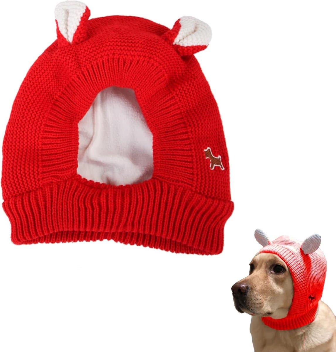 Wintermuts voor Honden en Katten, Gebreide Pompom Muts van Katoen, Schattige Muts met Oortjes voor Kleine en Grote Huisdieren (Rood)
