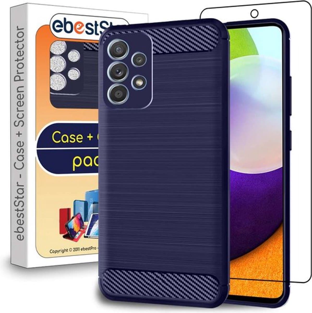 ebestStar - Hoes geschikt voor Samsung Galaxy A52, A52S 5G, TPU Bescherming Cover, Koolstof Design Hoesje, Donkerblauw + Gehard Glas