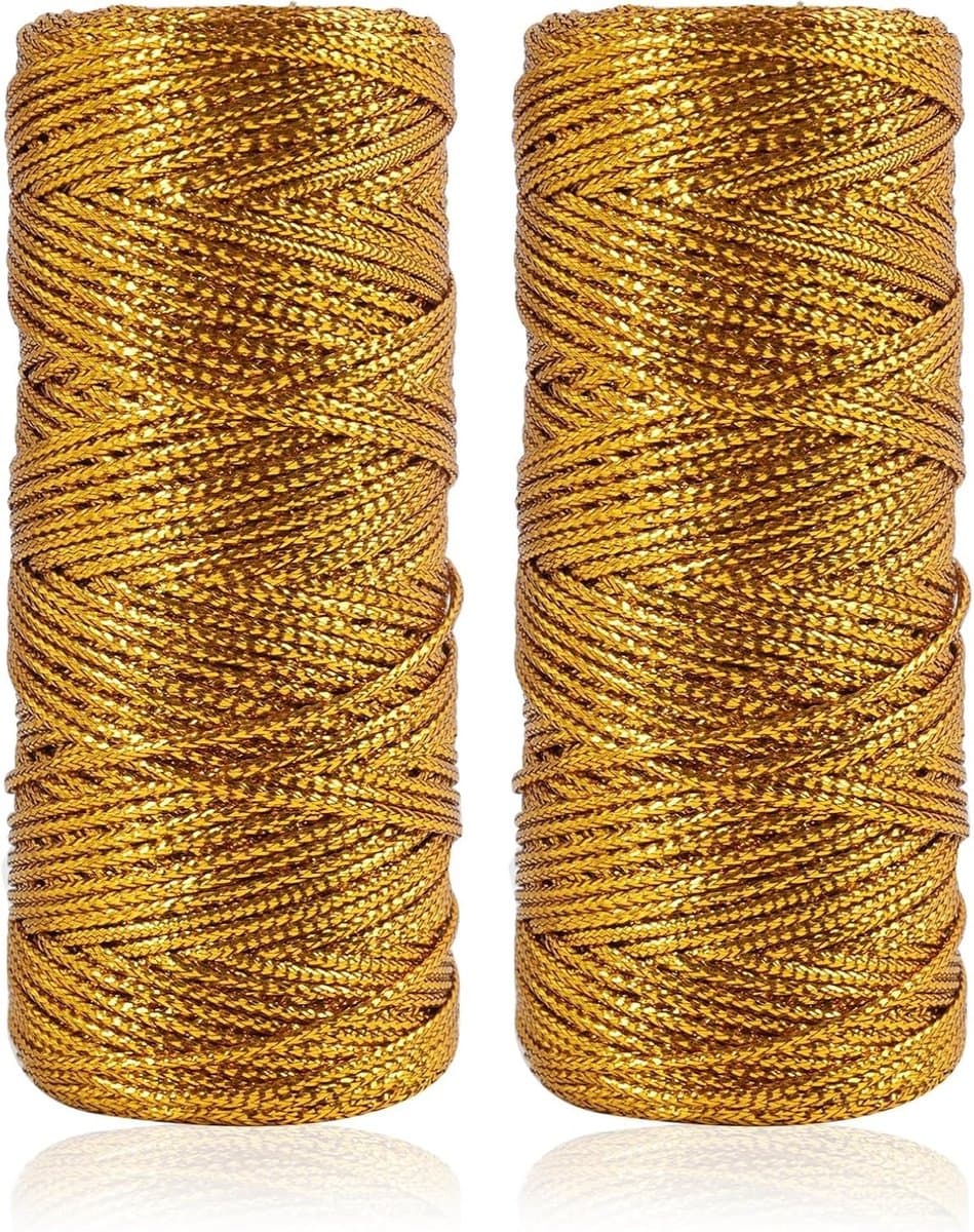 Set van 2 Rollen 1.5 mm Gouden Metallic Touw, 100 m Niet-Elastisch Koord voor Kerst, Bruiloften en DIY Creaties, Perfect voor Versiering en Ambachten