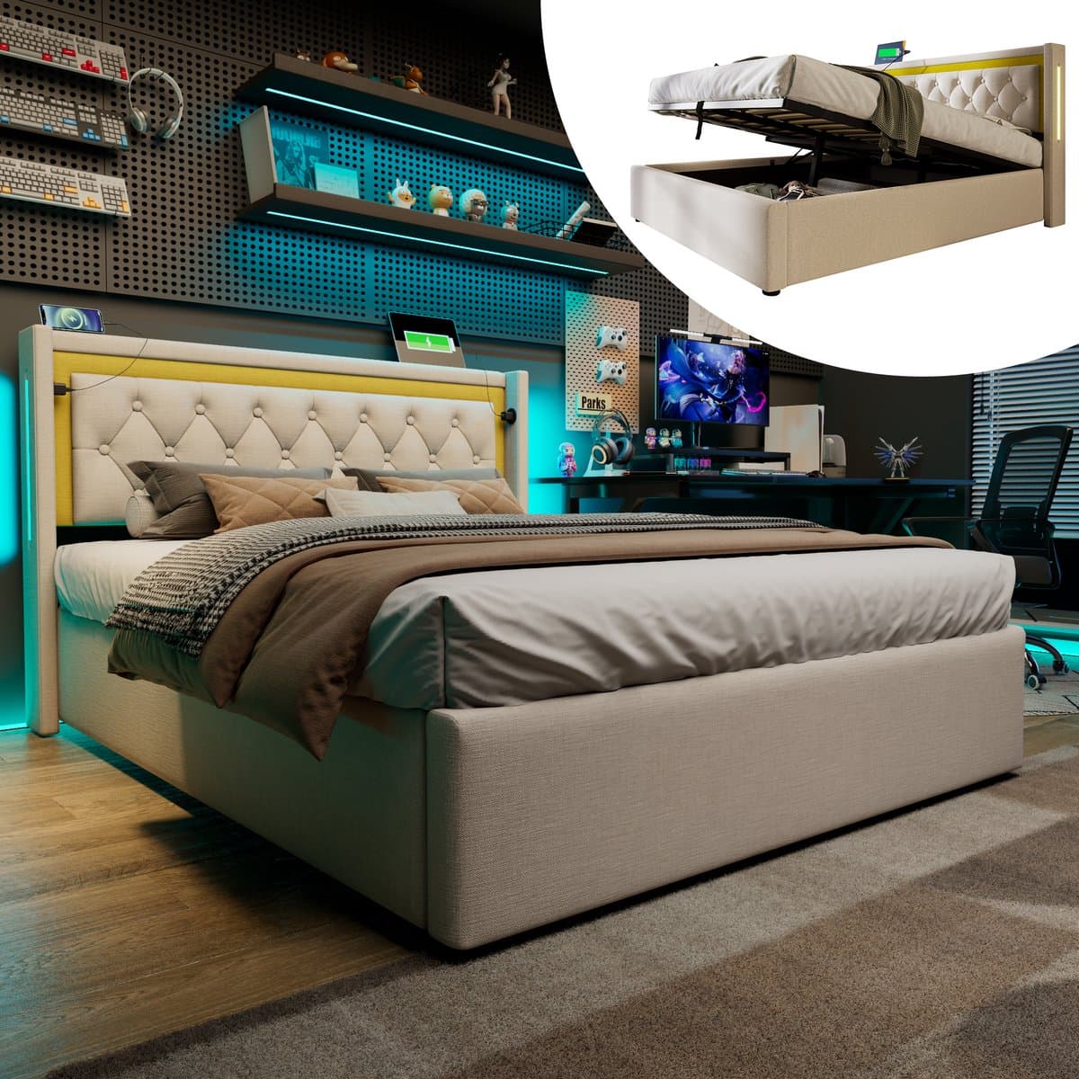 VVBV Gestoffeerd Opbergbed 160x200 cm - LED-Verlichting, USB-C Laadstation, Lades, Opbergruimte - Katoen Beige Zonder Matras
