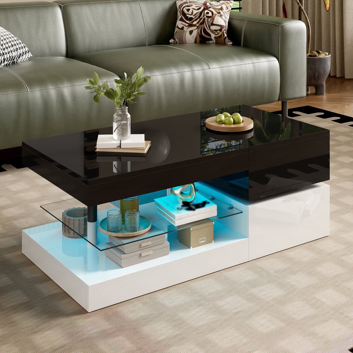 DESMIU Salontafel - Met Ledverlichting En Glazen Plateau - Voor Woonkamer En Sfeervolle Avonden - Spaanplaat - 90x45x35,5 Cm - Zwart Wit