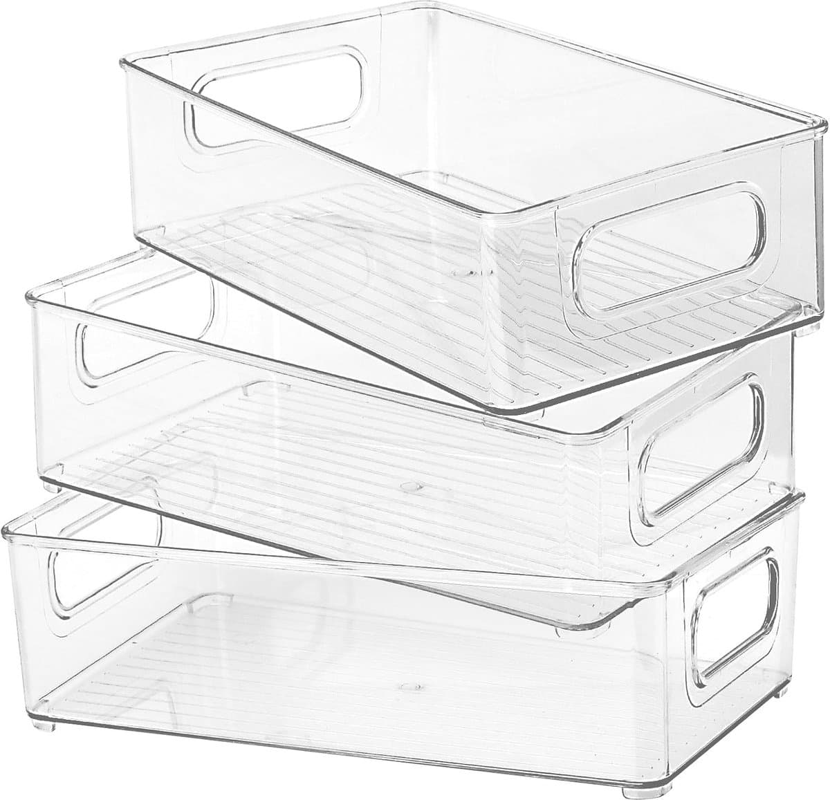 Set van 3 koelkastorganizers met handvat, 25,5 x 15 x 7,6 cm, koelkastcontainer, voorraadcontainer, voorraadcontainer, eetkamer, organizer, opbergdoos voor keuken, transparant, kunststof