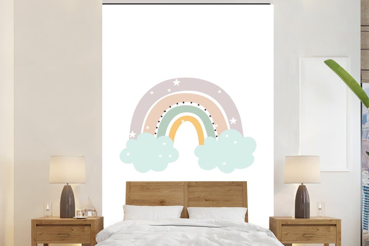 Behang kinderen - Kinderkamer decoratie - Regenboog - Sterren - Wolken - Stippen - Wanddecoratie - Kinderen - 155x240 cm - Muurdecoratie kinderkamer - Kinderbehang