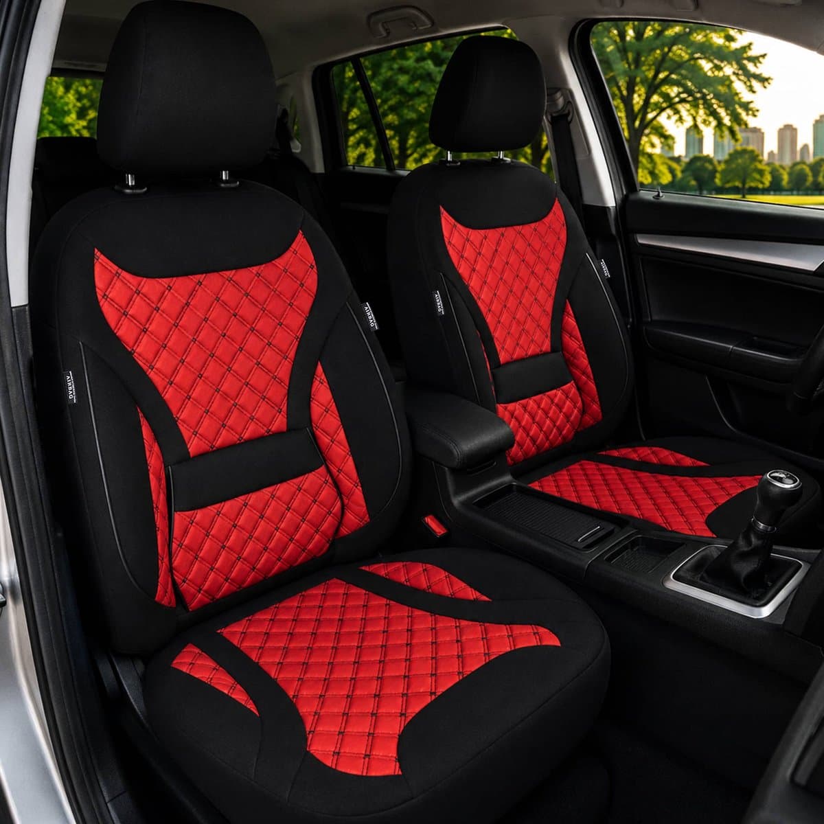 Schonbezüge Sitzbezüge für Jaguar XJ X350 Bj 2002-09 in Schwarz/Rot ZM2