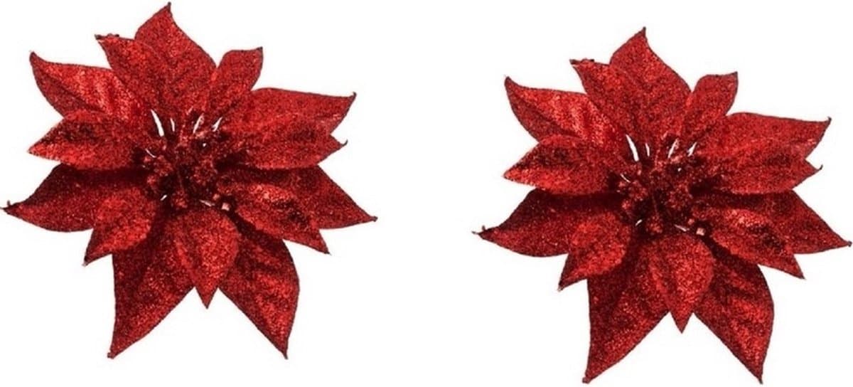 Cosy & Trendy Kerstboomversiering - 2x - bloem - op clip - rood - kerstster - 18 cm - kerstversieringen