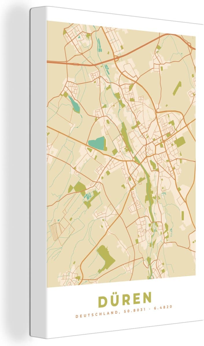 Canvas Schilderij Plattegrond - Düren - Kaart - Vintage - Stadskaart - 40x60 cm - Wanddecoratie