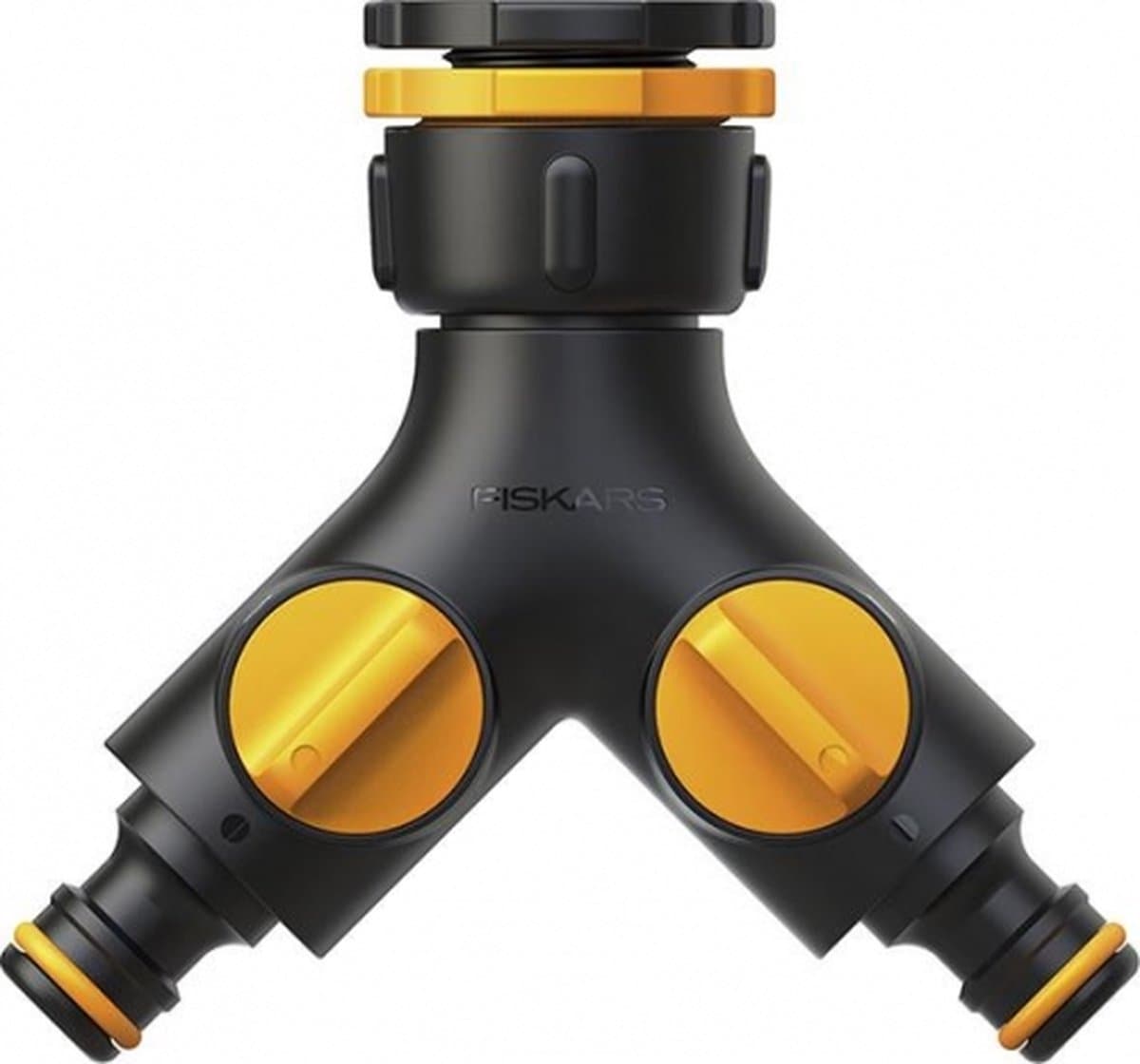 Fiskars 2-weg-kraankoppeling Multi, On/Off-ventiel, voor 3 schroefdraadmaten:Ø 21 mm (1/2"), Ø 26,5 mm (3/4") en Ø 33,3 mm (1"), 85 g, zwart/oranje, 1027061