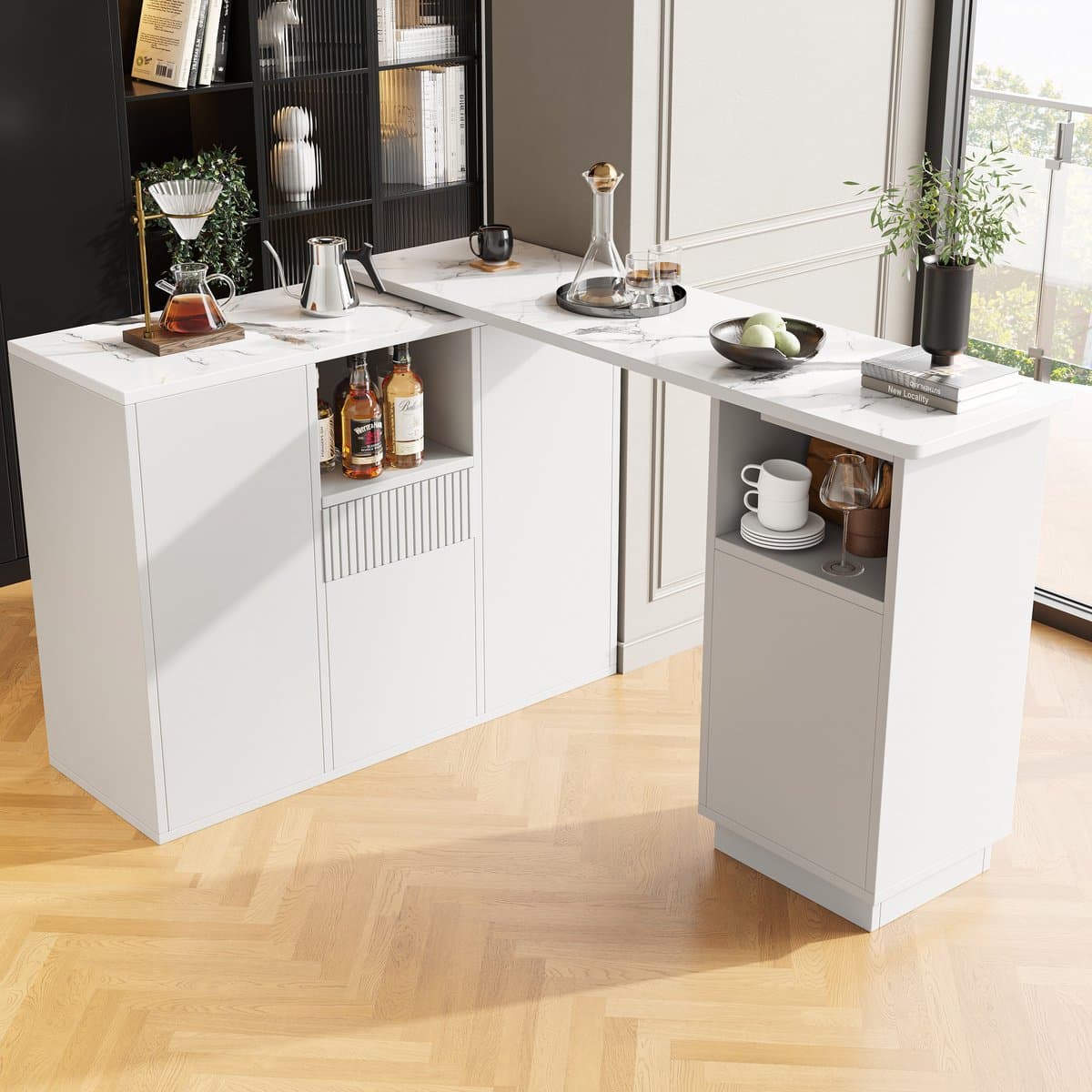 Sweiko Bartafel - 360° draaibaar - Met lades - Marmerlook - Keukeneiland - Wit