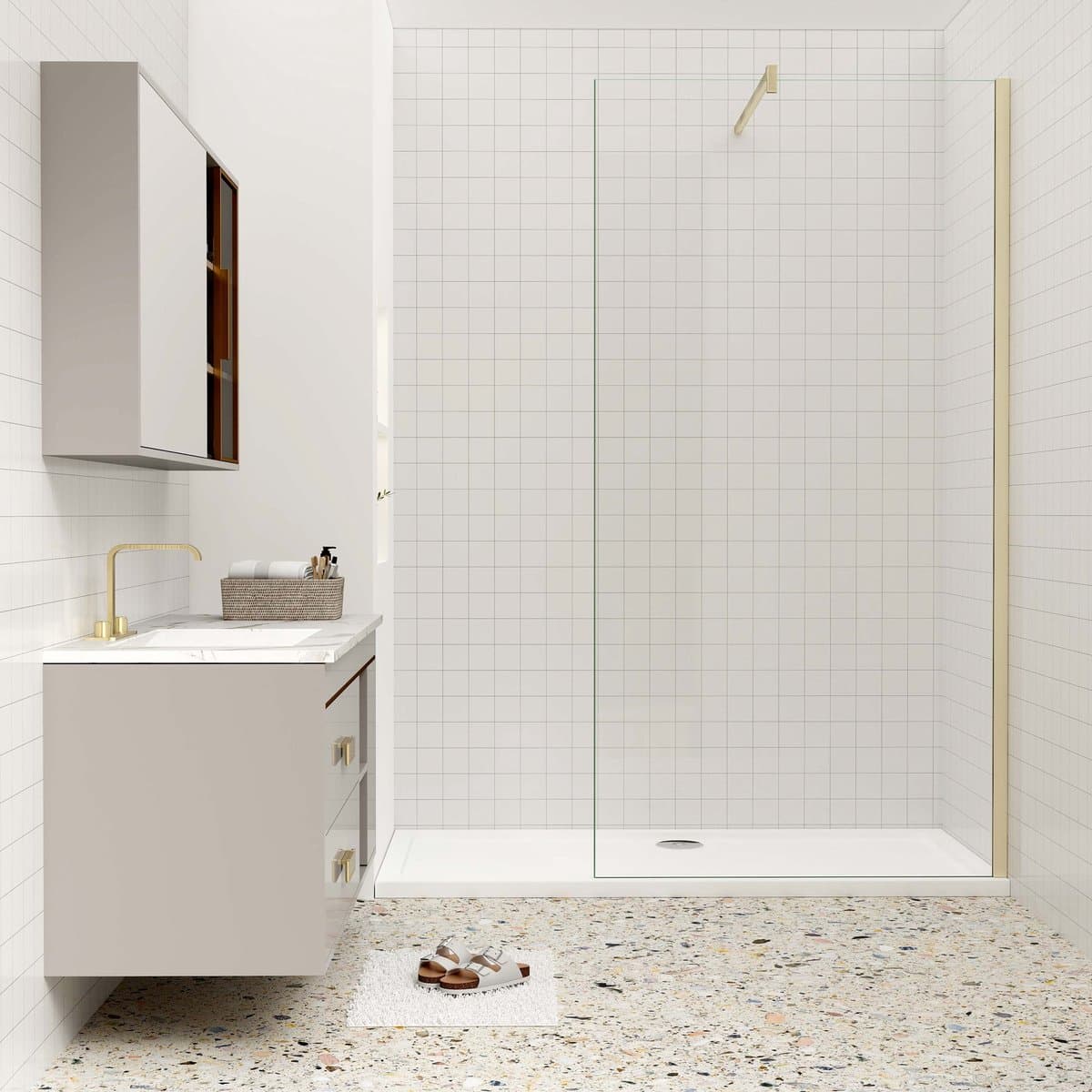 Aica luxueus inloopdouche 150x200 cm 10 mm NANO Easyclean veiliges gehard glas 90cm F-vormige stabilisatiestang geborsteld goud - gemakkelijk te installeren