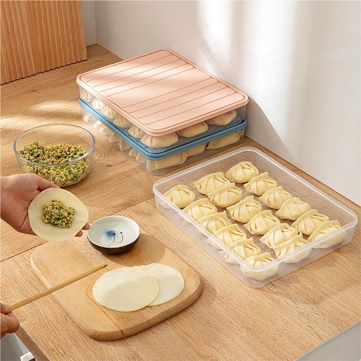 2 stuks Dumpling bewaardoos, voedselcontainer, huishoudelijke koelkast bewaardoos, diepvriesdoos, dumpling en wonton diepvriesdoos (roze, blauw)
