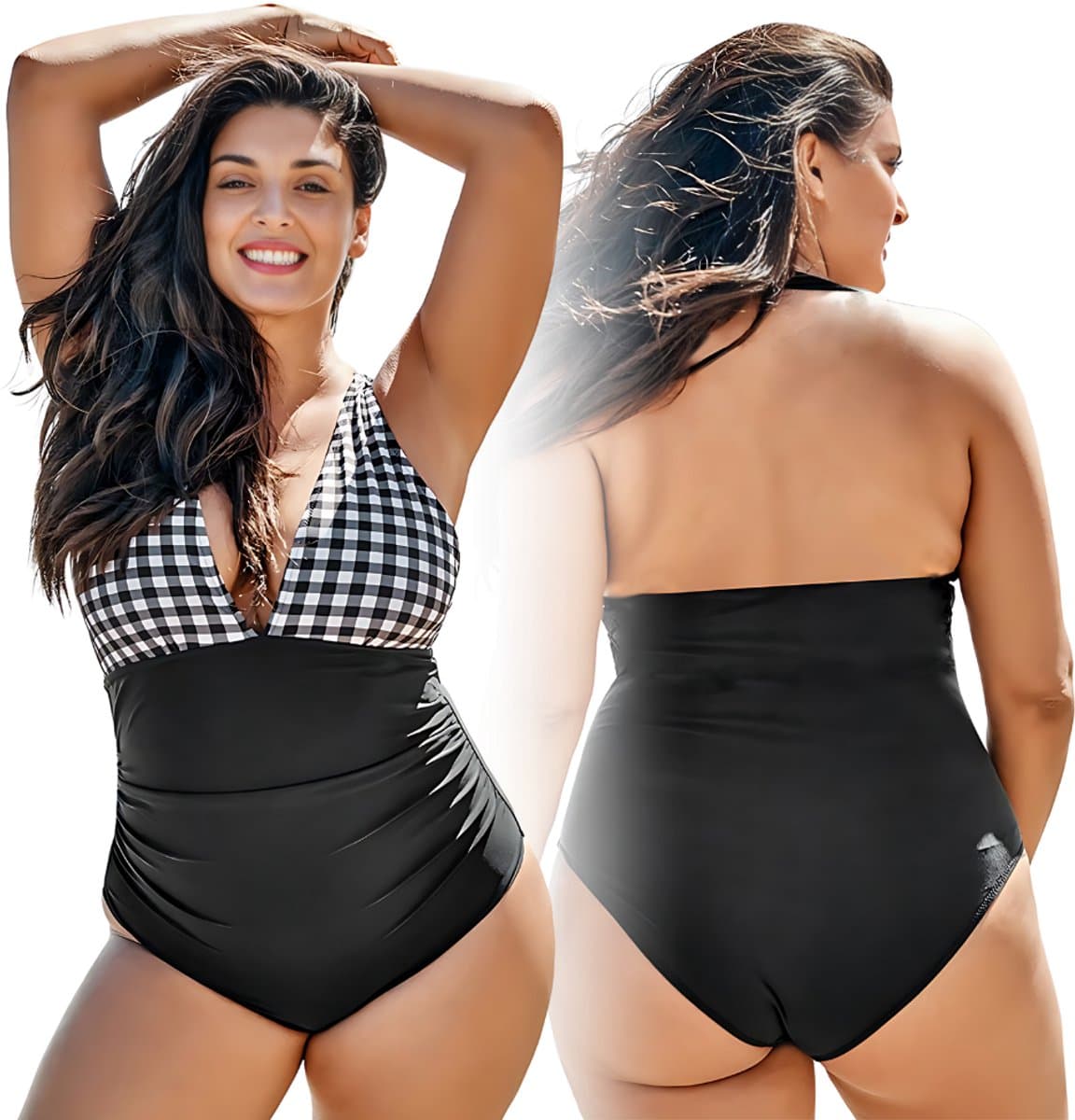 Sapphire - Zwemsluitend Badpak Plus Size - Elegante Krat - Verstelbare Halsband