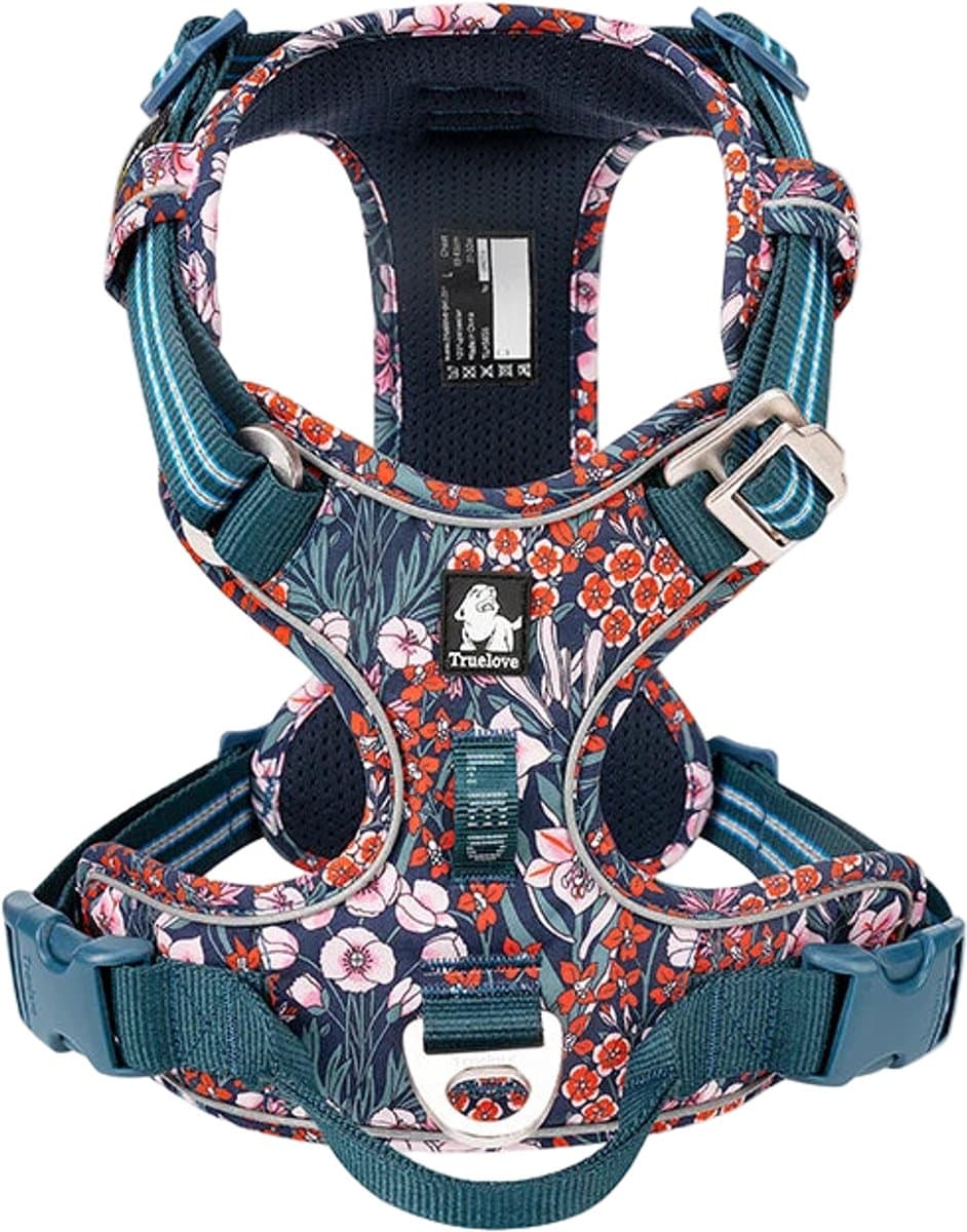 Truelove - Hondentuigje - Hondenharnas - Blauw Bloemenpatroon - Reflecterend - Anti-Trek - Kleine Honden - Collectie 2025 - Navy - S