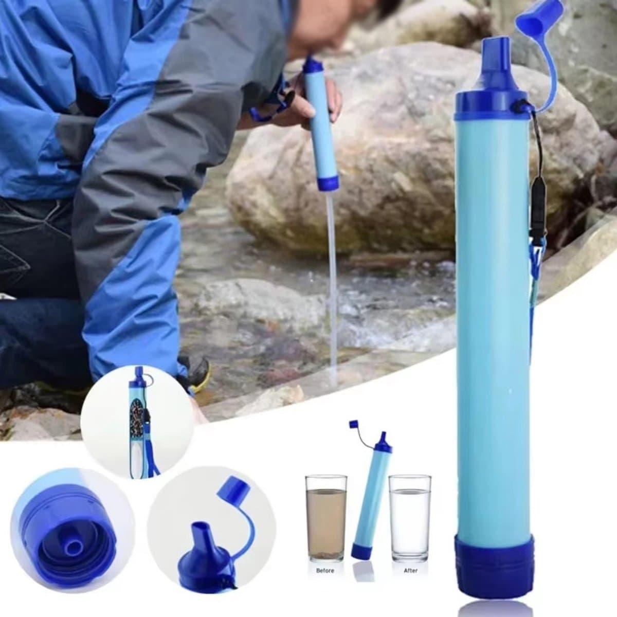 Waterfilters Survival - Draagbaar noodwaterfilter - Waterfiltersysteem voor kamperen, wandelen, vissen, buitenavonturen - Noodoverlevingsuitrusting en kampeeraccessoires, 1 stuk