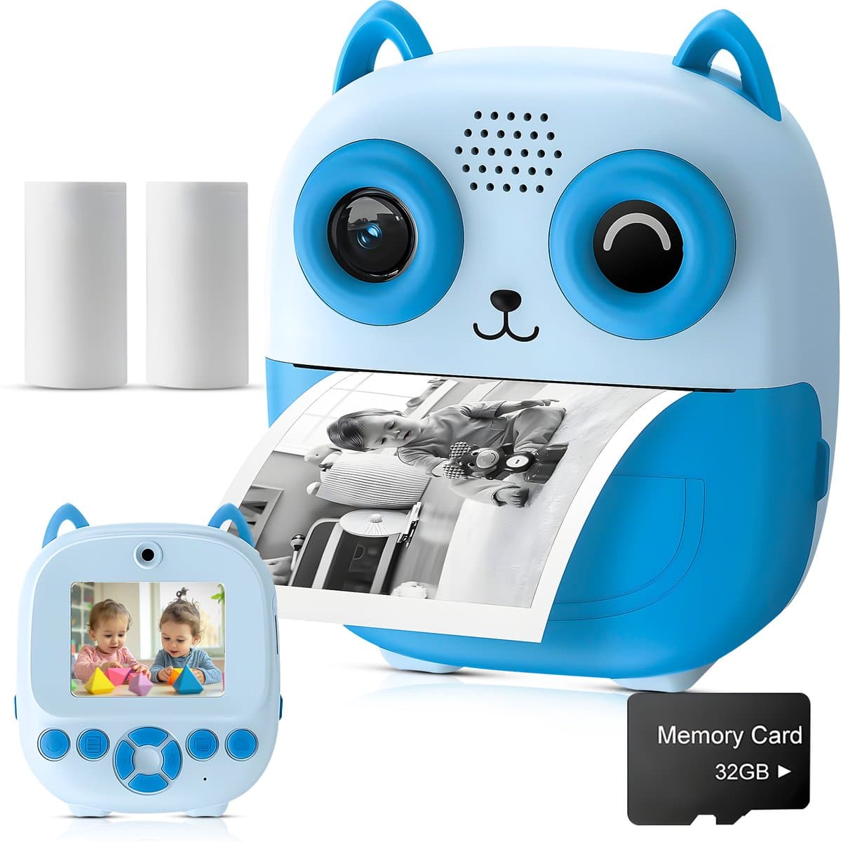 Ohome 3-in-1 Digitale Kindercamera met Instant Print - Digitale Fotocamera & Vlogcamera - 24MP - 32GB SD Kaart & Kaartlezer - Selfie Camera - Foto & Video - Filters & Spelletjes - Incl. 2 Printrollen - Blauw