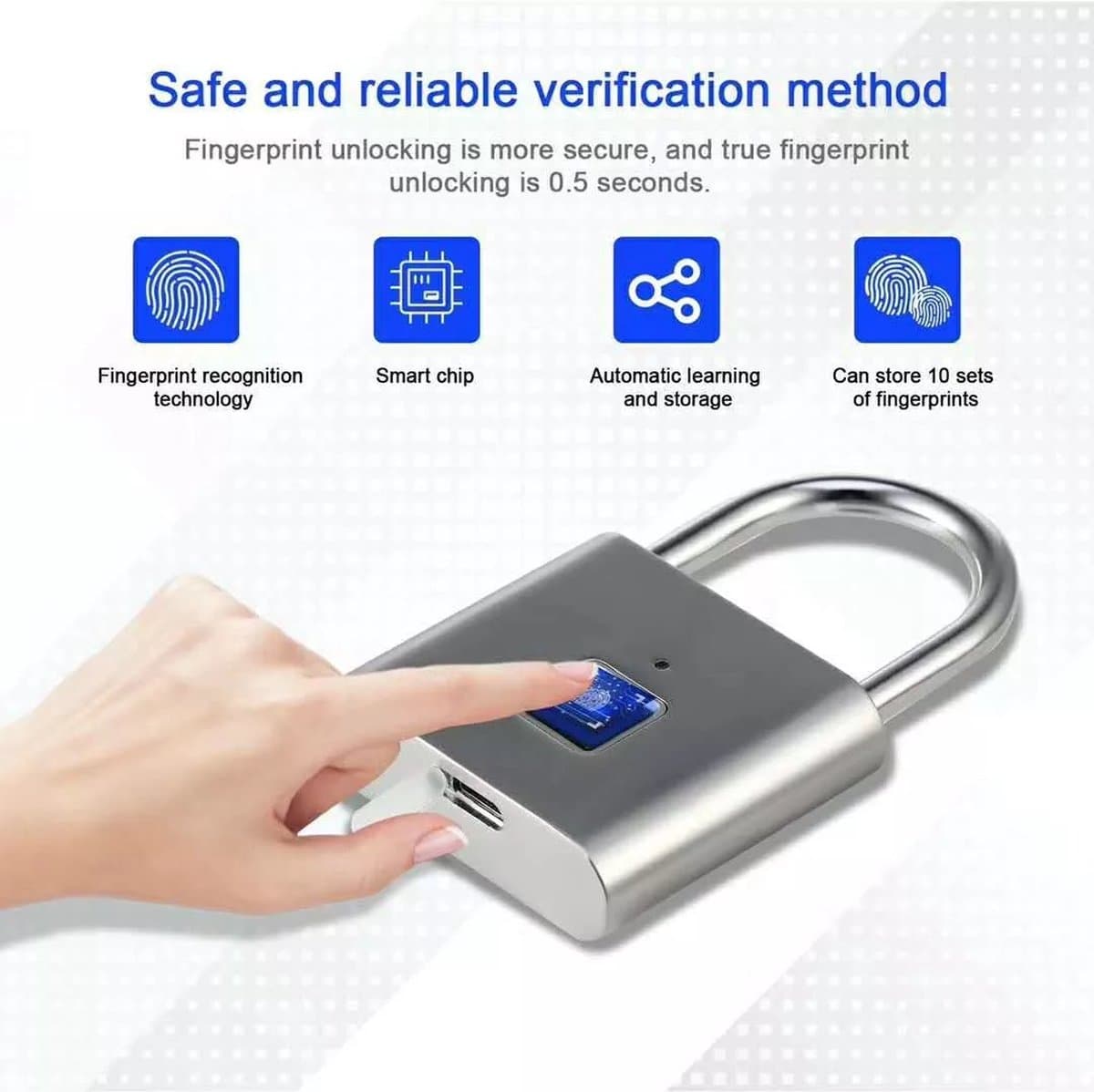 Metalen hangslot met vingerafdruk scanner zilver- - Stalen smart slot - Oplaadbaar - Batterij gaat wel 1 jaar mee! IP65 Waterdicht - Waterproof - Anti-Diefstal - Roestvrij staal RVS - Micro USB ingang - Deurslot