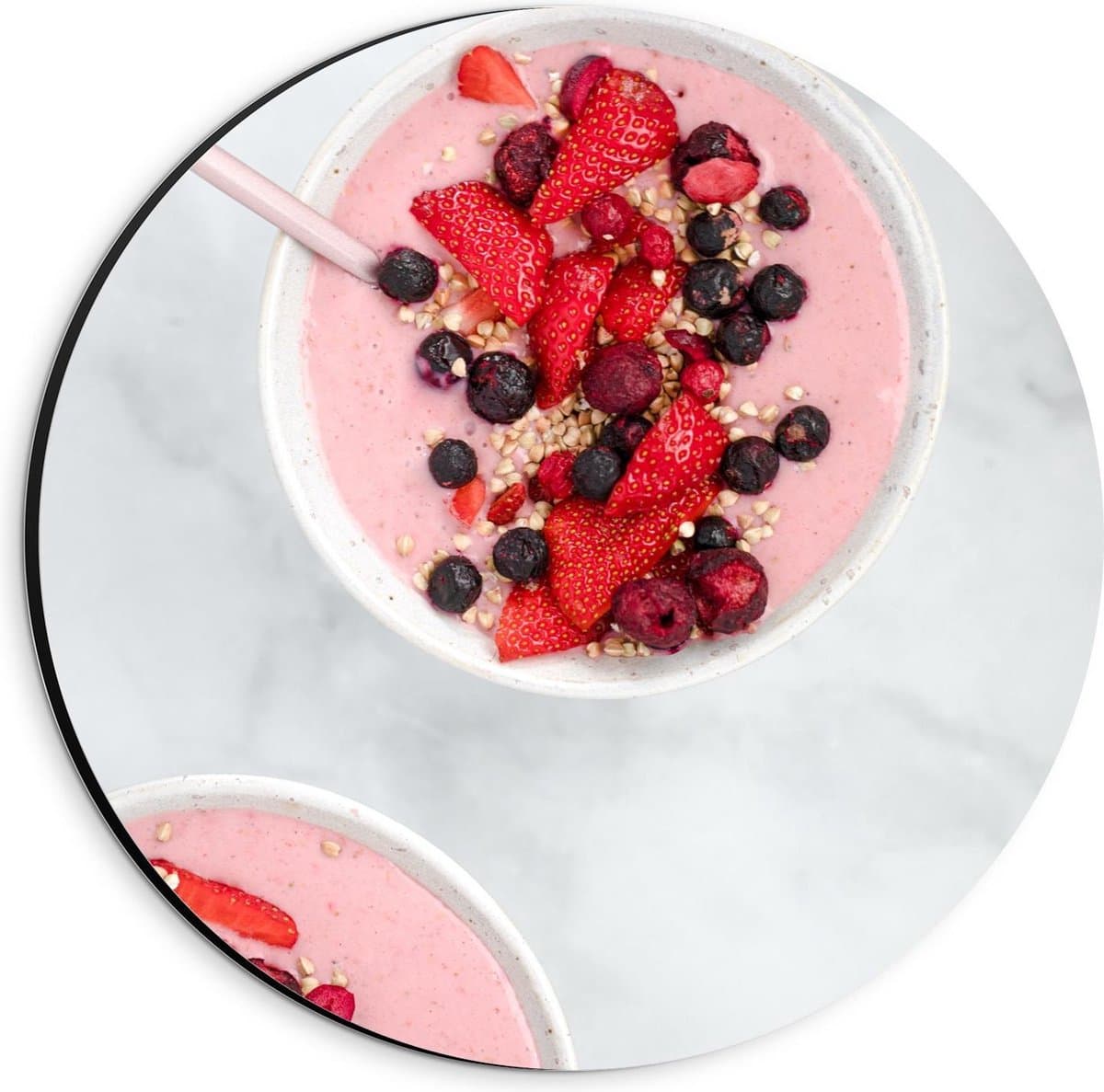 Dibond Wandcirkel - Roze Smoothiebowl - 20x20cm Foto op Aluminium Wandcirkel (met ophangsysteem)