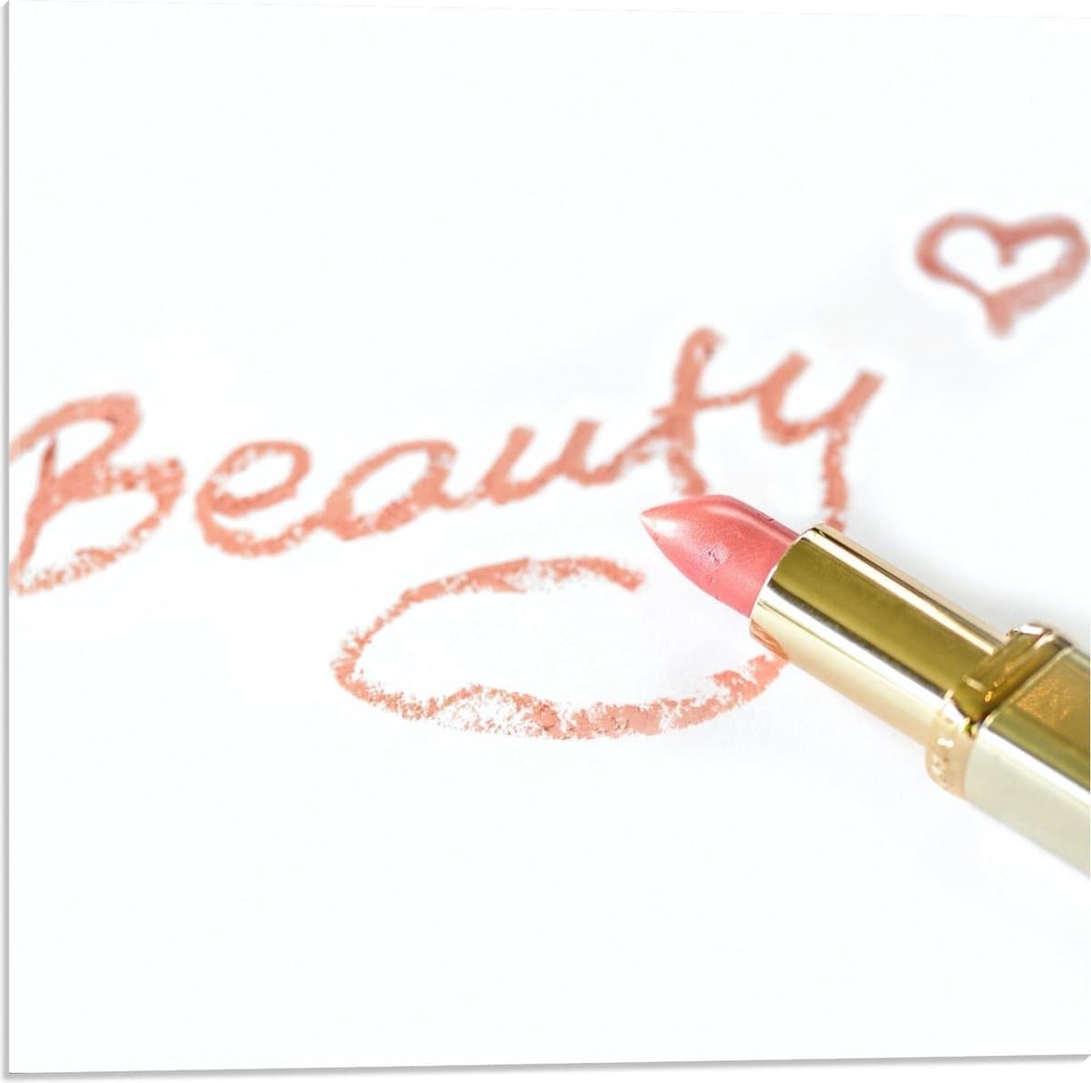 Acrylglas - ''Beauty'' geschreven met Lippenstift - 50x50cm Foto op Acrylglas (Met Ophangsysteem)