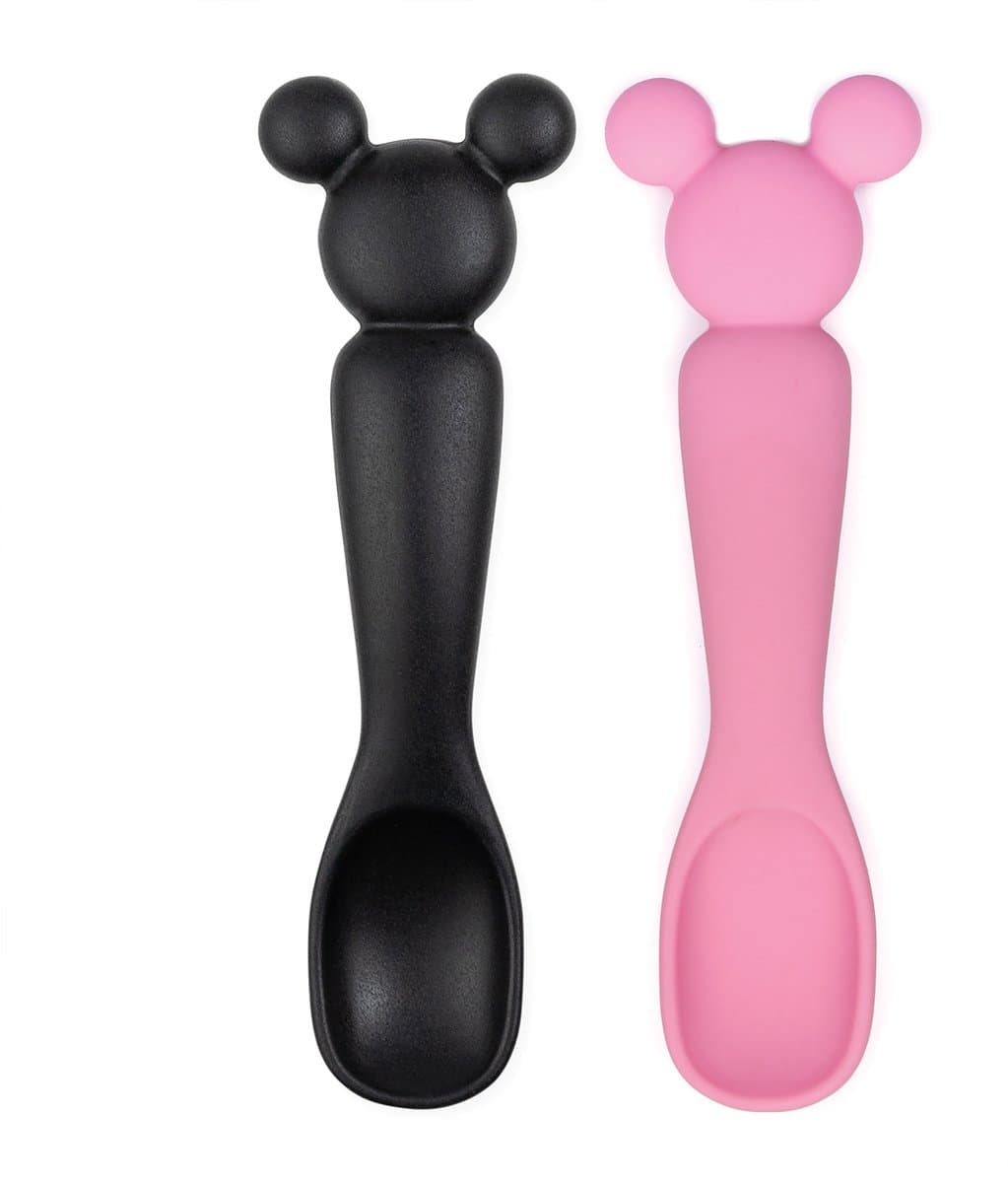 Bumkins - Silicone Dipping Spoons Siliconen Baby Diplepels – Set van 2 Ergonomische Oefenlepels – Zacht Baby Bestek en Bijtspeeltje voor Zelfstandig Leren Eten – Vanaf 3 Maanden - Disney Minnie Mouse Zwart & Roze