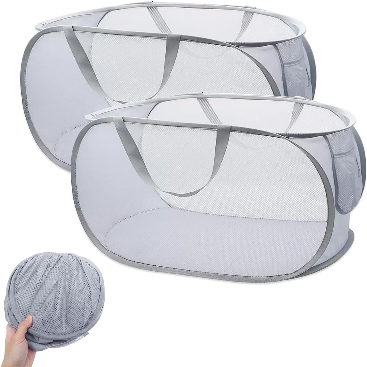 Vouwbare Wasmand - 2 Pcs Pop Up Wasmand - Grijs - Wasverzamelaar - Stof - Inklapbare Wasmand - Opbergmand met Handvat - Mesh - Wasmand voor Kinderkamer - Badkamer - Ruimtebesparend