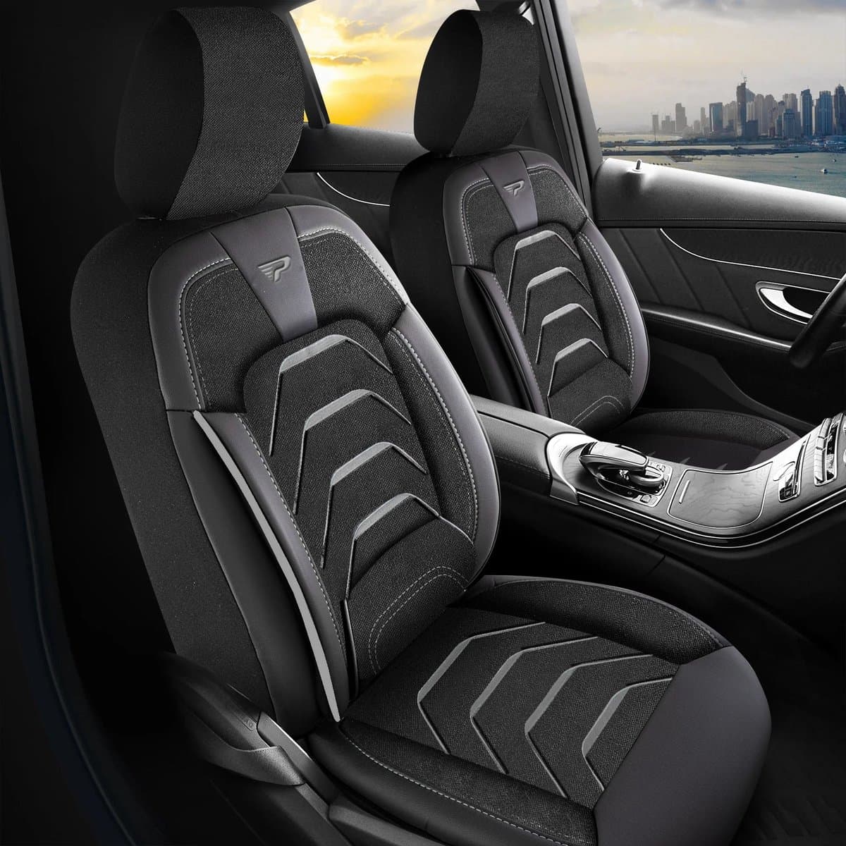 Stoelhoezen Nio ET5 2023-heden – Bodrum Zwart/Grijs – Jacquard stof met skai leer – Complete interieurset – comfortabele autostoelhoezen – slijtvast – eenvoudig te monteren