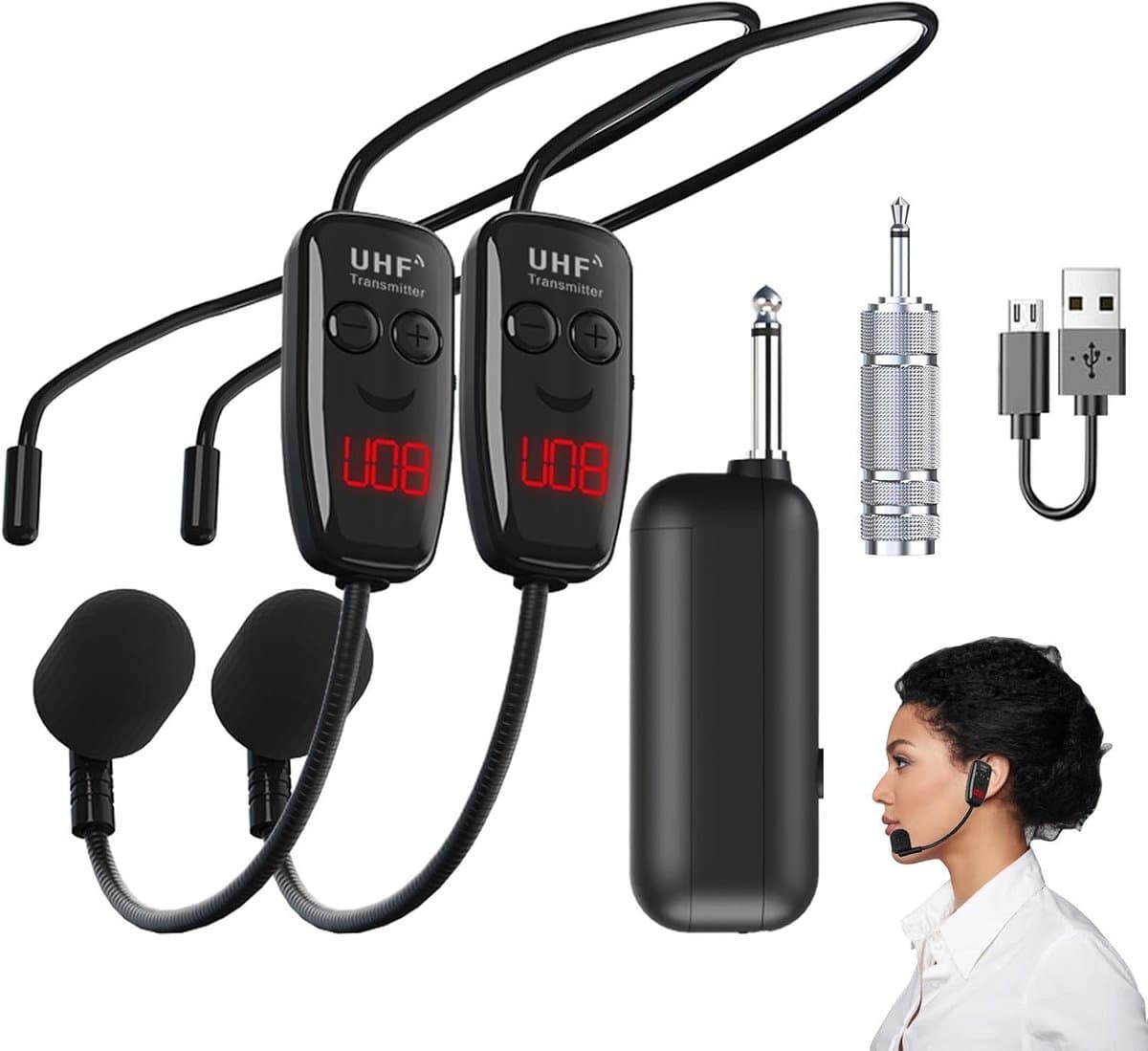 Draadloze Microfoonset - Microfoon Headset - Presentatie Zang Fitness - 50M Bereik 2-in-1 - 240g Lichtgewicht - Zwart