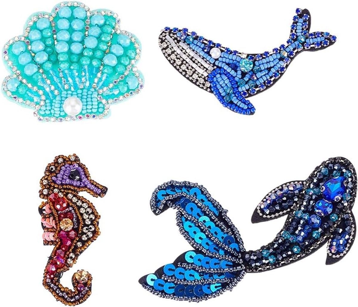 Set van 4 Geborduurde Oceaan Dieren Patches met Strass voor DIY Craft en Kledingdecoratie