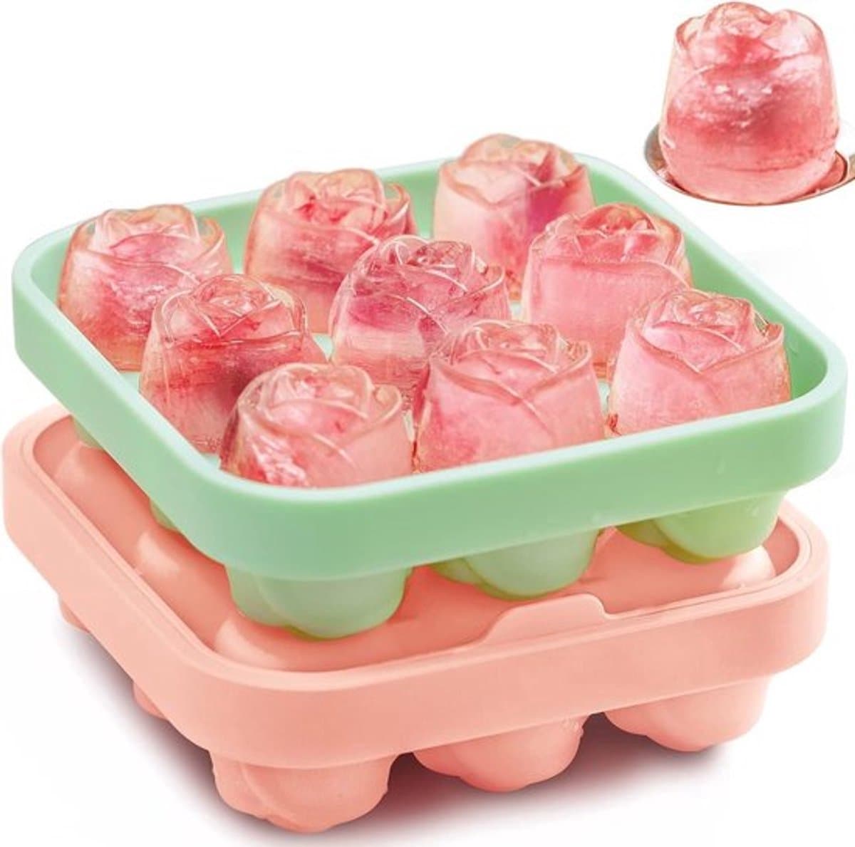 IJsblokjesvorm in de vorm van een roos - Siliconen ijsvorm maakt ijsblokjes in de vorm van een roos van 23 x 3 cm voor de vriezer(groen + roze)