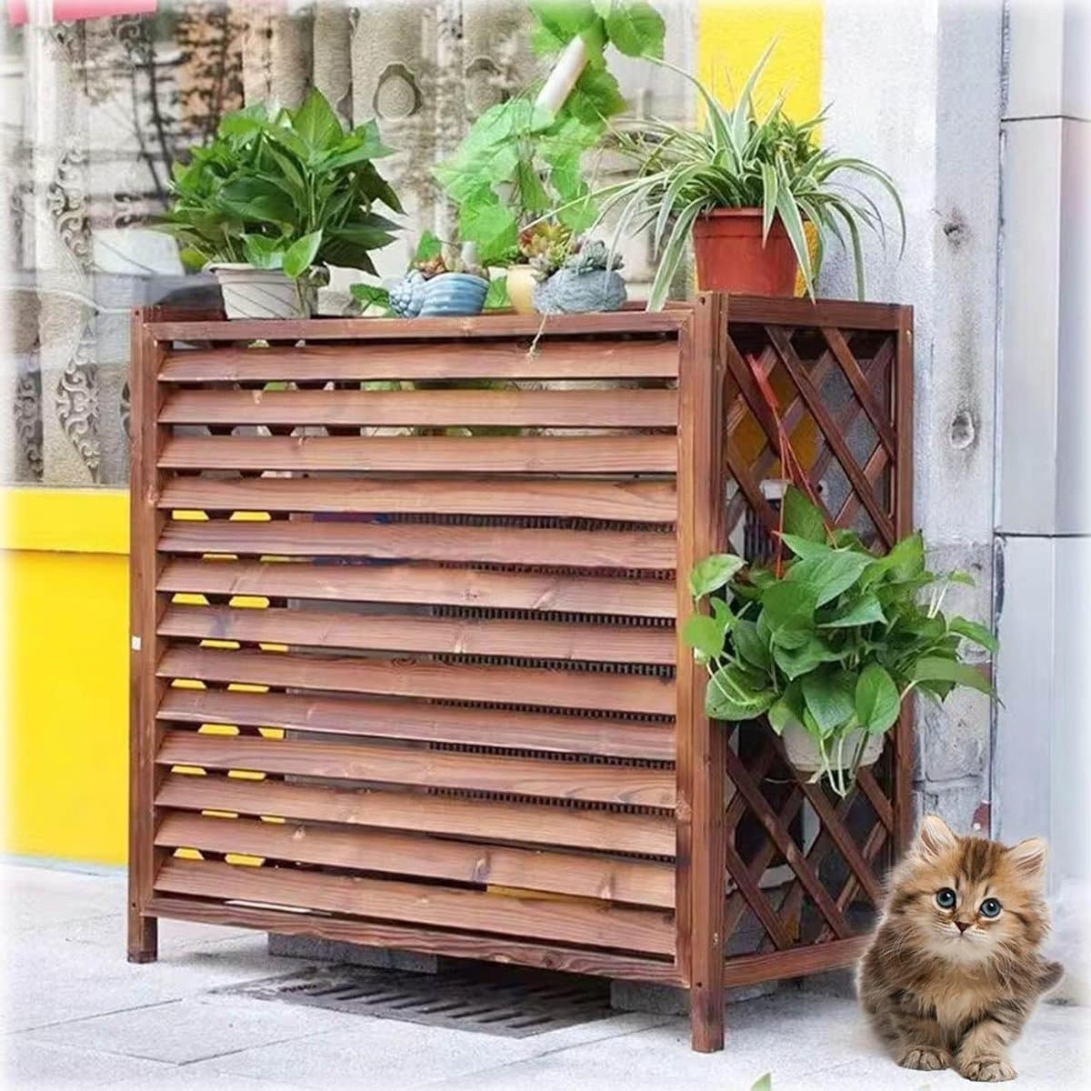 Airco Omkasting Hout - Buitenunit Bescherming - Tuin Decoratie - Hittebehandeld Hout - 85x35x75cm - Houtkleurig