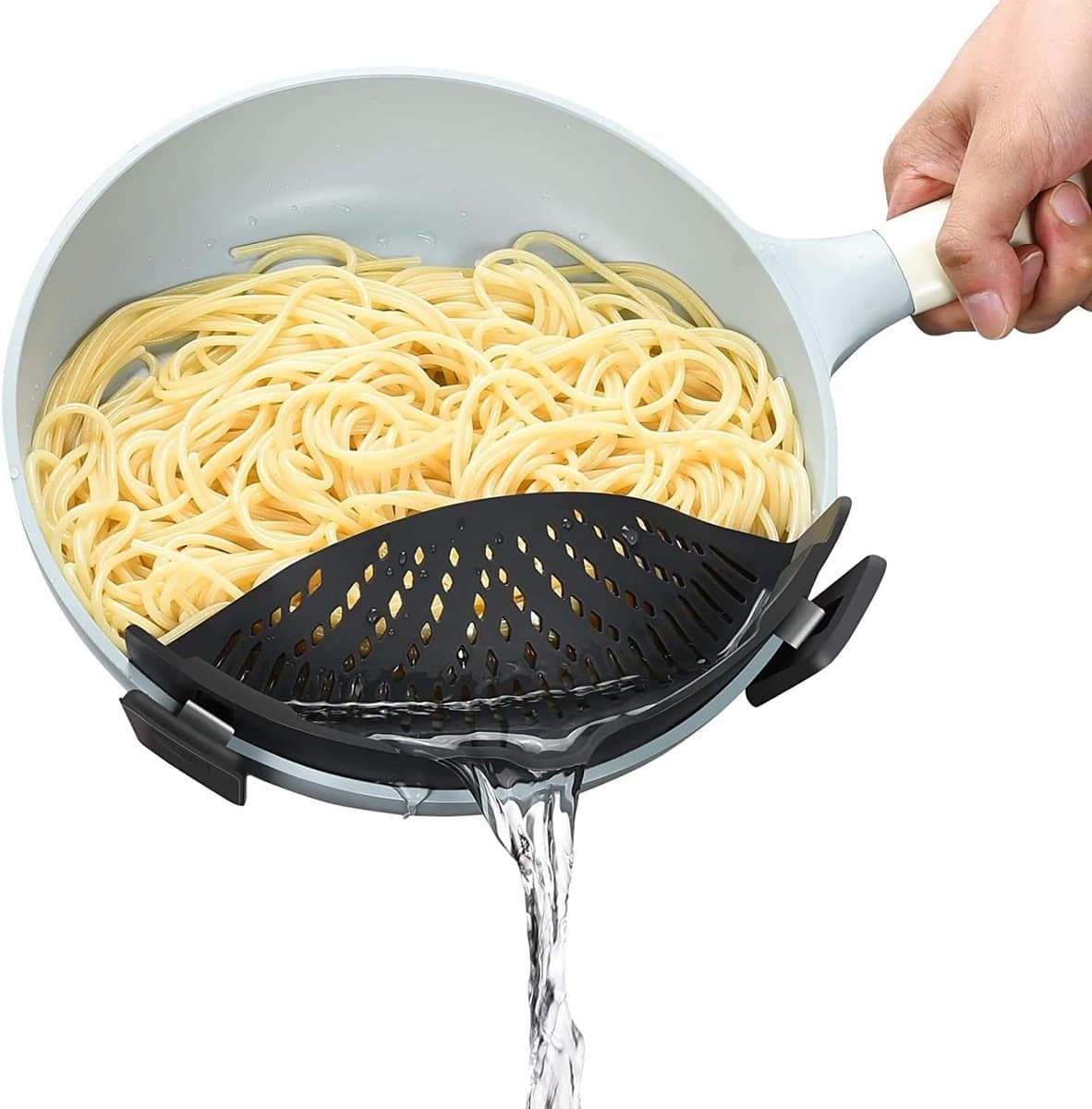 Famanu – Hittebestendige siliconen clip-on zeef voor potten en pannen, ruimtebesparend en vaatwasmachinebestendig, ideaal voor pasta en groenten